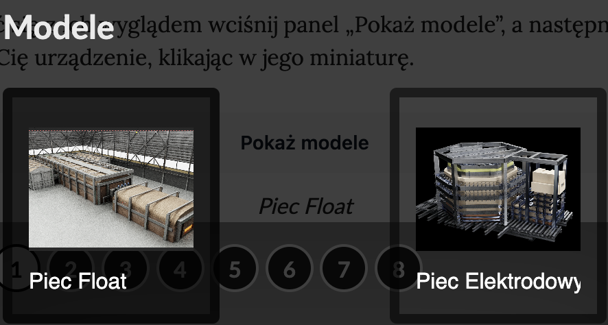 Ilustracja przedstawia widok galerii 3D, widoczne są dwa modele pieców: float i elektrodowy.  