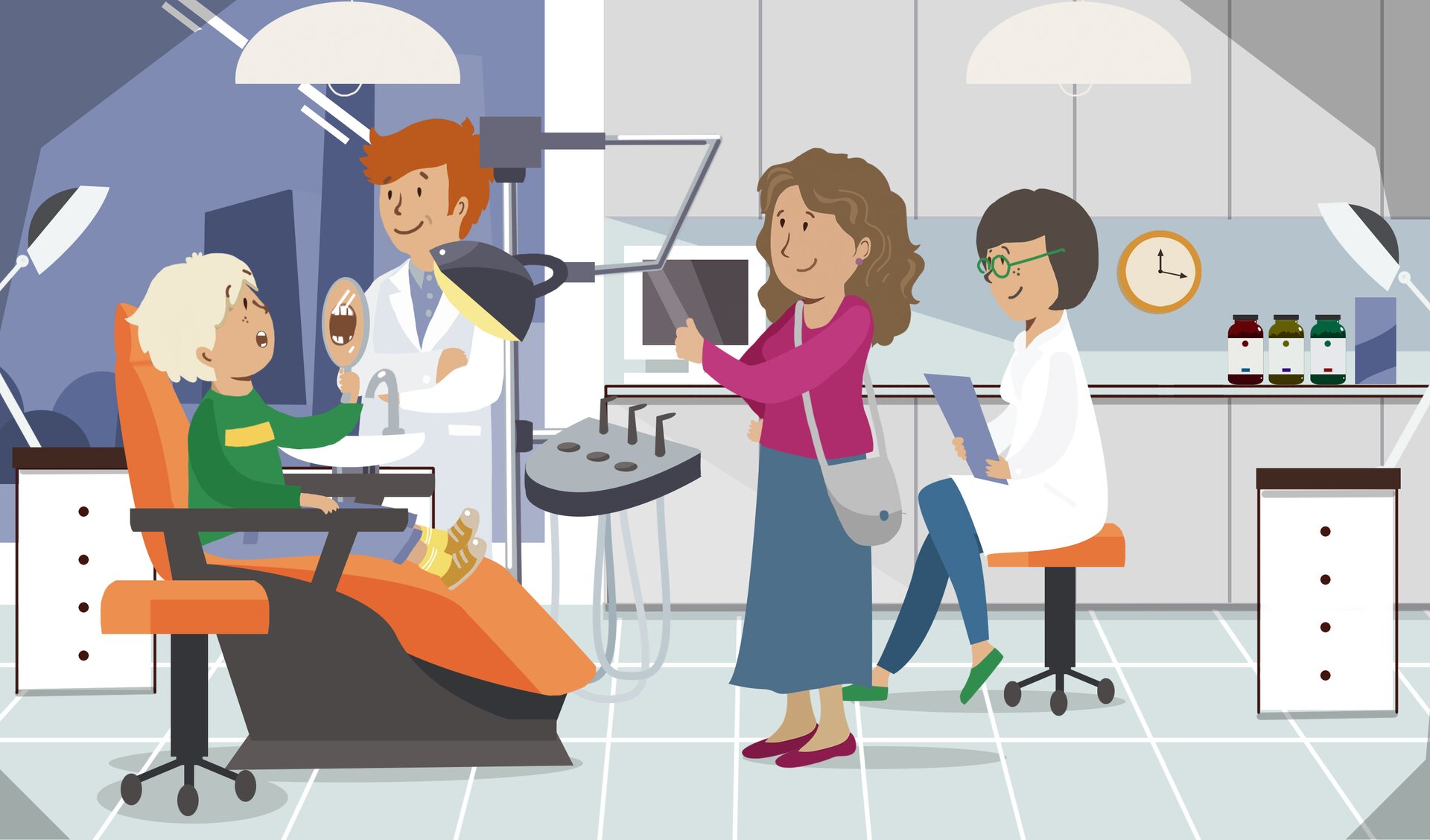 Ilustracja przedstawia Fabiana, który przyszedł z mamą do stomatologa. Chłopiec siedzi na fotelu i trzyma lusterko, w którym ogląda swoje zęby.