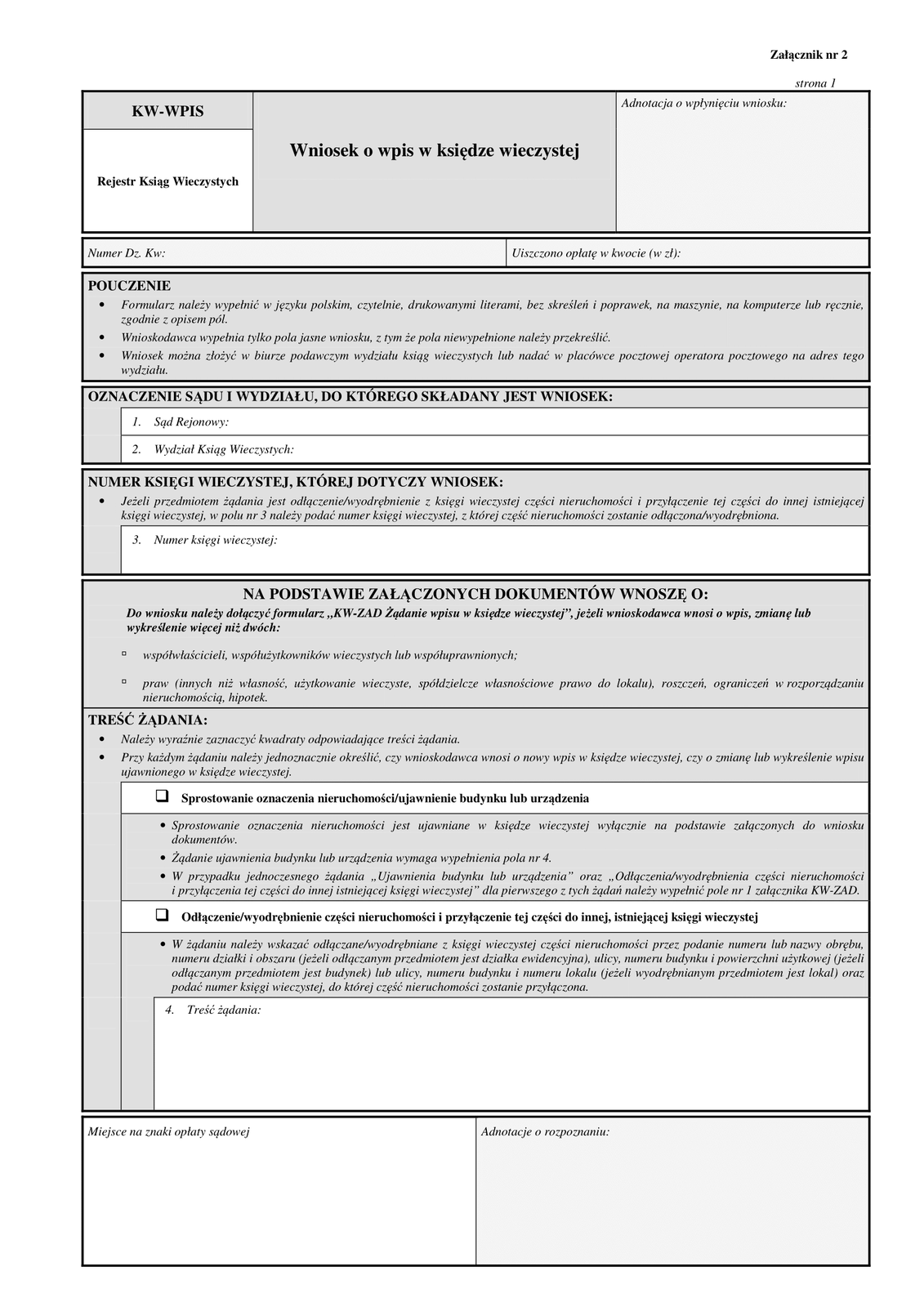 Wzór 7. Przykład wniosku o wpis w księdze wieczystej 1/4
