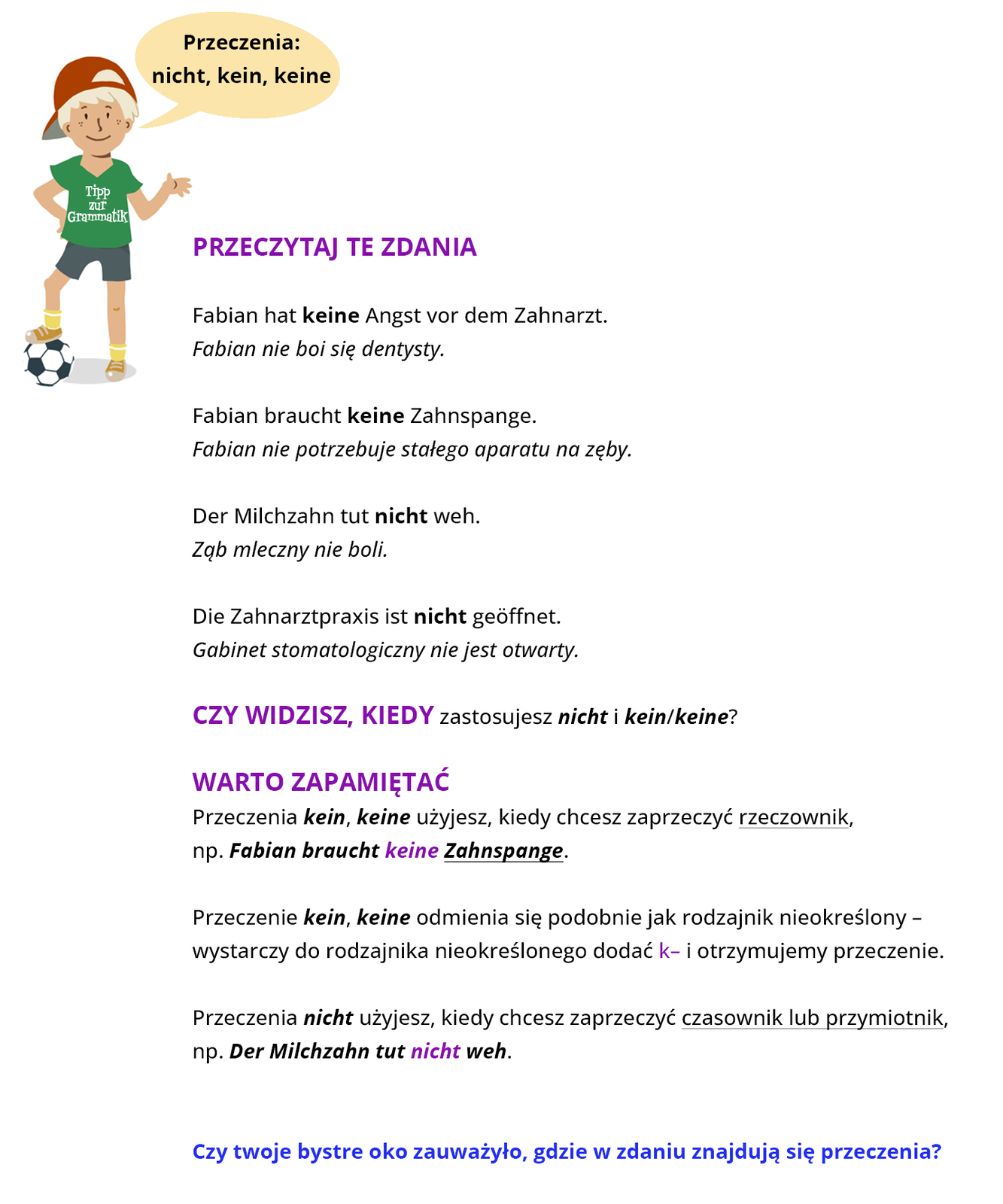 Ilustracja zawiera poradę językową. Grafika przedstawia chłopca w czapce z daszkiem, w zielonej koszulce z napisem Tipp zur Grammatik oraz szarych spodenkach. Pod nogą trzyma piłkę. Chłopiec mówi: Przeczenia: nicht, kein, keine. Pozostałą część ilustracji stanowi tekst, którego treść wyświetla się w trybie dostępności.