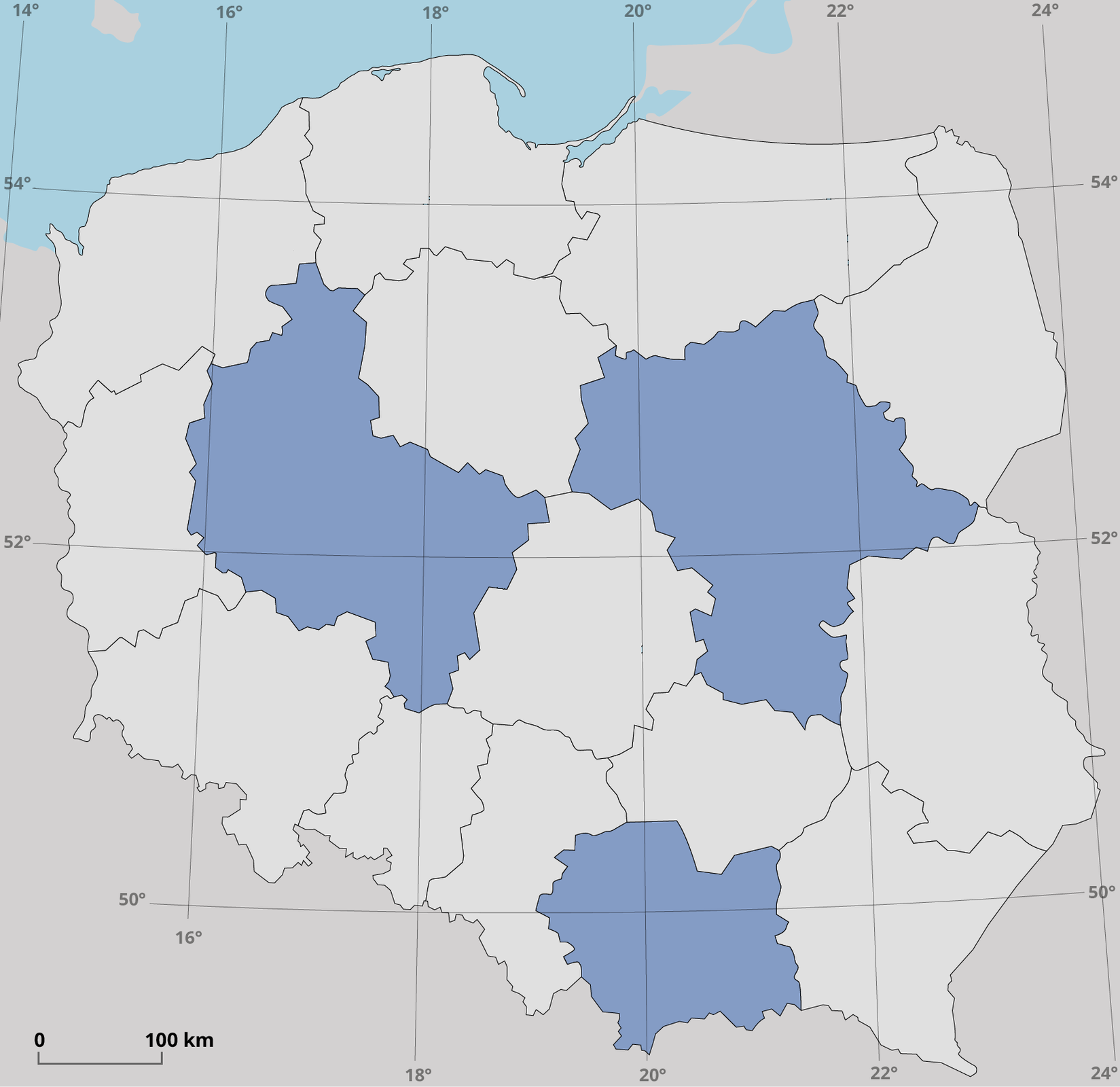 Kartogram Polski na którym przedstawiono podział Polski na województwa. Trzy z nich: wielkopolskie, mazowieckie i małopolskie zaznaczone są na niebiesko, inne województwa są szare. Na kartogramie znajduje się siatka kartograficzna na której opisano wartość południków i równoleżników co 2 stopnie. W lewym dolnym rogu mapy znajduje się podziałka liniowa.