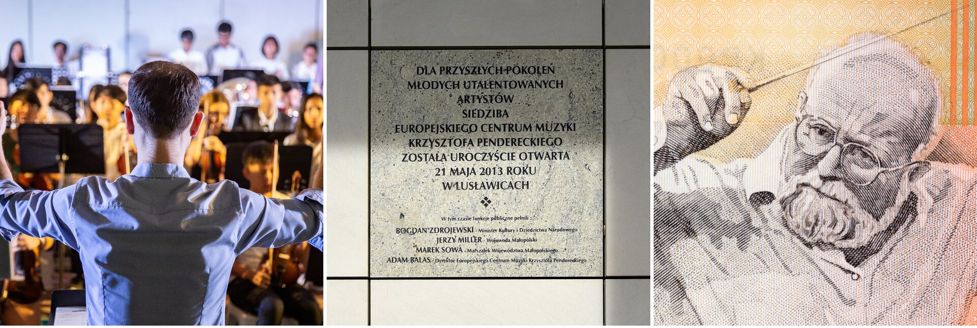 Ilustracja składająca się z trzech części. Zaczynając od lewej. Ilustracja z lewej strony przedstawia plecy mężczyzny ubranego w niebieską koszulę, dyrygującego orkiestrą symfoniczną. Druga ilustracja przedstawia szarą płytę pamiątkową, która upamiętnia otwarcie Europejskiego Centrum Muzyki w Lusławicach. Cała inskrypcja brzmi. „DLA PRZYSZŁYCH POKOLEŃ MŁODYCH UTALENTOWANYCH ARTYSTÓW. SIEDZIBA EUROPEJSKIEGO CENTRUM MUZYKI KRZYSZTOFA PENDERECKIEGO ZOSTAŁA UROCZYŚCIE OTWARTA 21 MAJA 2013 ROKU W LUSŁAWICACH.”, Ostatnia ilustracja przedstawia portret Krzysztofa Pendereckiego na fragmencie banknotu. Kompozytor został sportretowany jako mężczyzna w podeszłym wieku o łysiejącej głowie, bujnym siwym zaroście. Na nosie założone ma okulary. Jedną dłoń wznosi ku górze, w niej trzyma batutę. Ubrany jest w białą koszulę.  