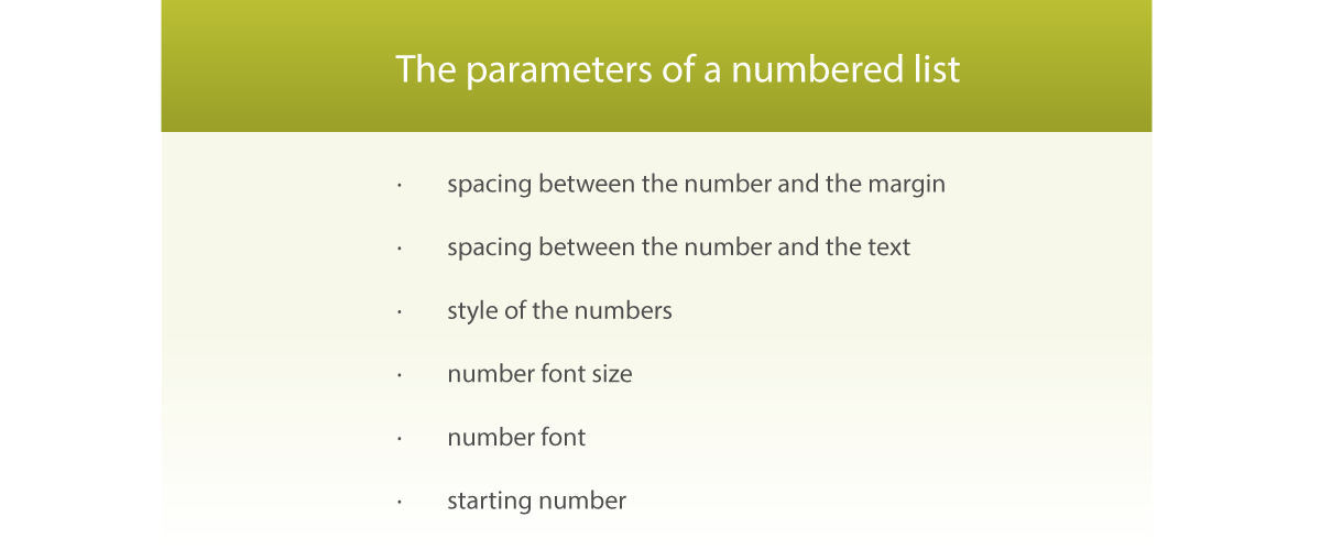 Ilustracja przedstawia wypisane parametry listy numerowanej. The parameters of a numbered list: spacing between the number and the margin, spacing between the number and the text, style of the numbers, number font size, number font, starting number.