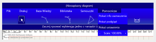 Ilustracja przedstawia stronę startową programu komputerowego. Znajdują się tam przyciski menu: plik, drukuj, baza wiedzy, biblioteka, samouczki, pomocnicze. Otwarte jest menu Pomocnicze i wybrana opcja pokaż ustawienia.