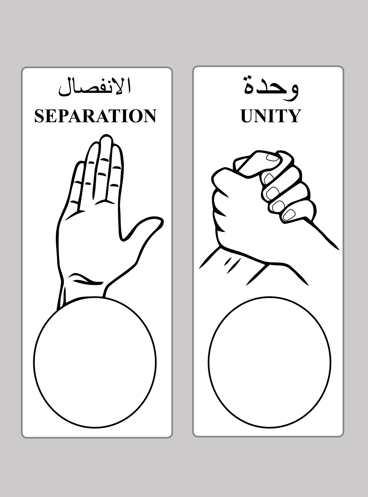Na ilustracji karta do głosowania w Sudanie Południowym. Opisy w języku arabskim i angielskim. Z lewej strony rysunek otwartej dłoni i napis separation. Pod spodem puste kółko do oznaczenia wyboru. Z prawej strony splecione dłonie i napis unity. Pod spodem puste kółko do oznaczenia wyboru. 