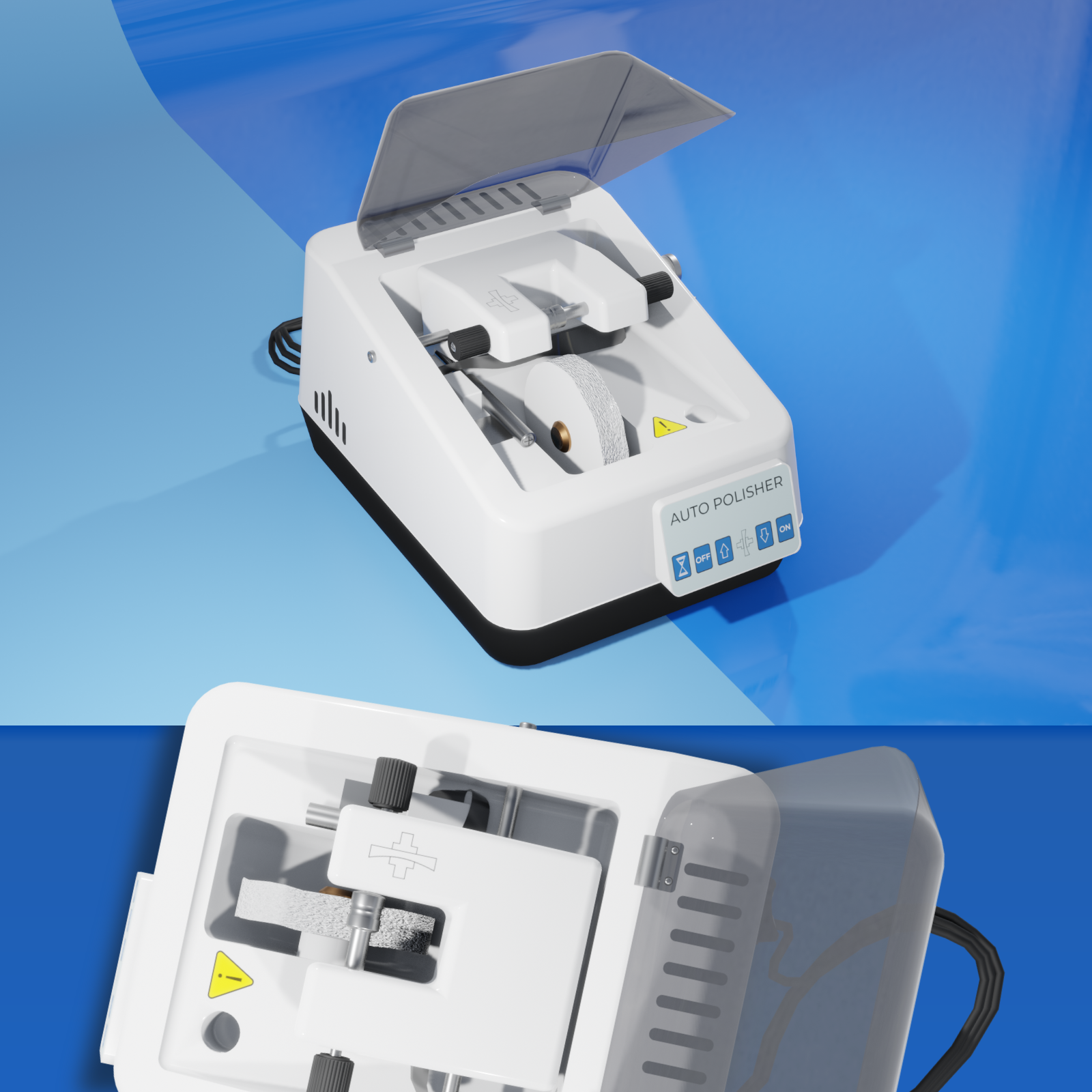 Na grafice przedstawiono polerkę do soczewek. Poleruje od małego do wysokiego połysku. Idealnie poleruje szkła z tworzywa sztucznego. Umożliwia czystą i bezpieczną pracę.