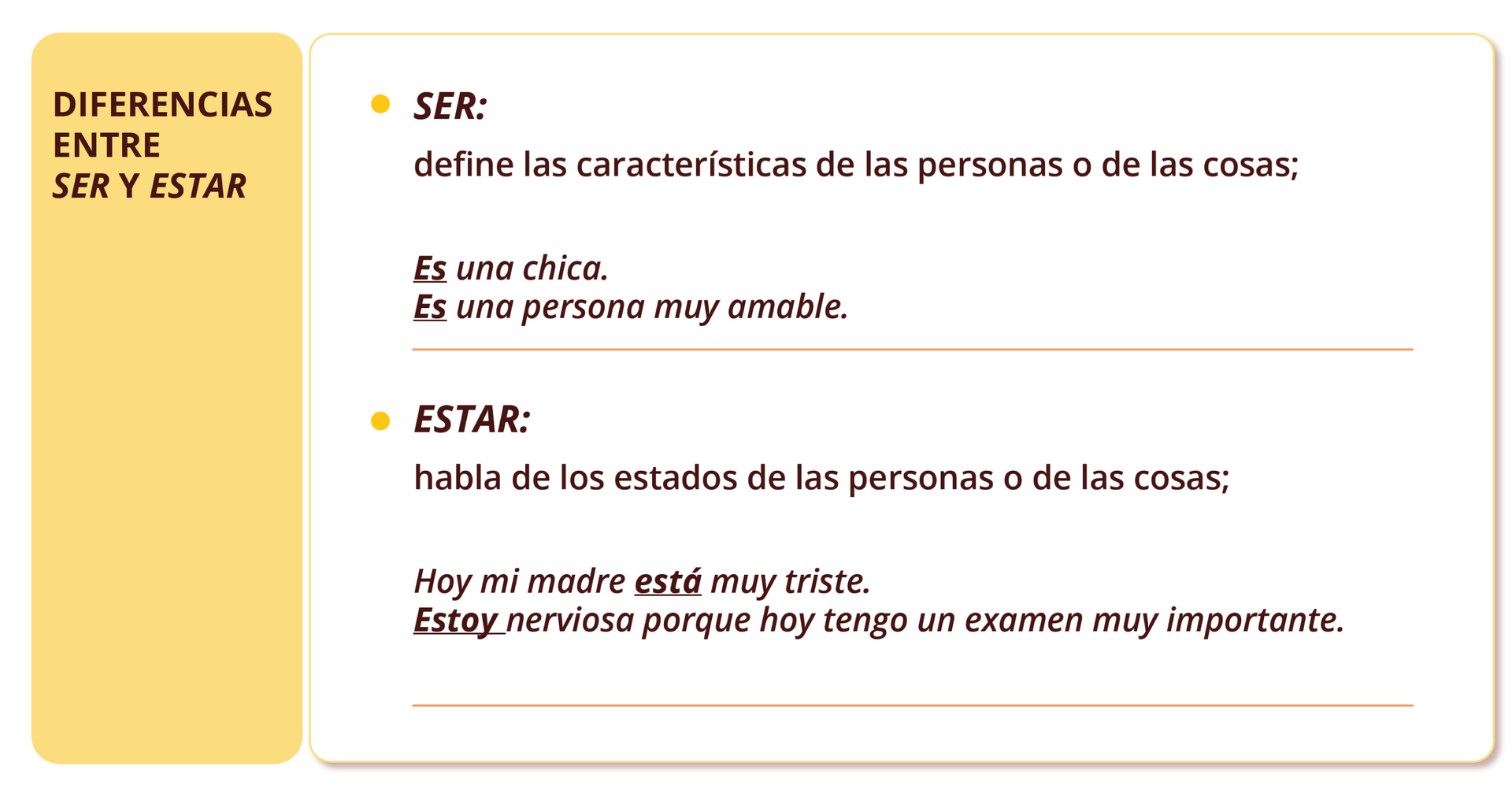 Grafika  zawiera tabelkę z zagadnieniami gramatycznymi. Tytuł tabelki DIFERENCIA ENTRE SER Y ESTAR. Tabela podzielona jest na dwie części.  Pierwszą część rozpoczyna wyróżnione słowo SER. Poniżej informacja define las características de las personas o de las cosas; Na końcu znajdują się dwa przykładowe zdania Es una chica. Es una persona muy amable. .  Drugą część rozpoczyna wyróżnione słowo ESTAR. Poniżej informacja habla de los estados de las personas o de las cosas;  Na końcu znajdują się dwa przykładowe zdania Hoy mi madre está muy triste. Estoy nerviosa porque hoy tengo un examen muy importante. . 