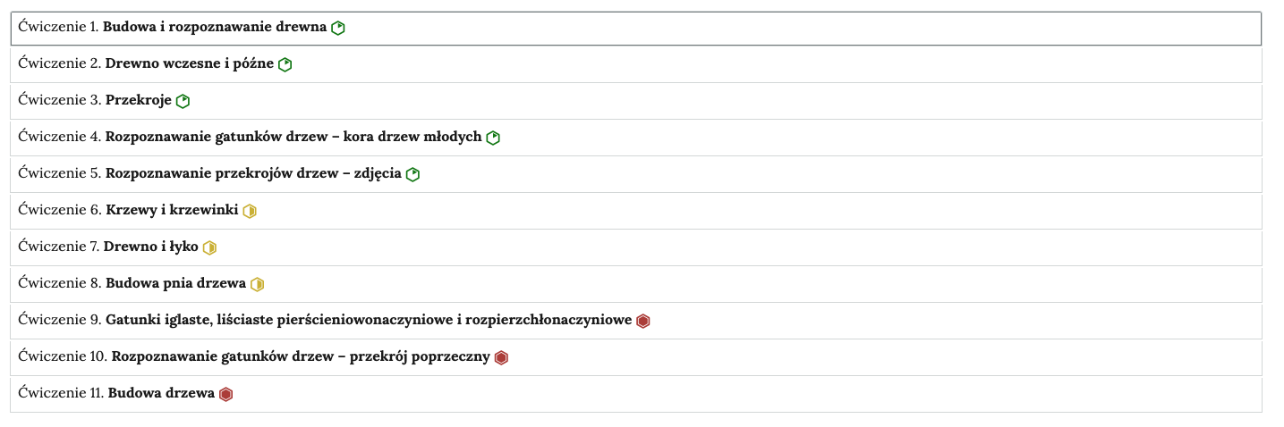Grafika przedstawia widok ogólny harmonii z interaktywnymi materiałami sprawdzającymi. Widocznych jest jedenaście ćwiczeń ułożonych w harmonii. Każde ćwiczenie opatrzone jest tytułem oraz ikoną wskazującą na poziom trudności zadania. Zielony sześciokąt z częściowo zamalowanym polem określa zadania łatwe. Pomarańczowy sześciokąt z zamalowanym polem do połowy określa zadanie średnie. Czerwony sześciokąt z w pełni zamalowanym polem określa zadanie trudne.
