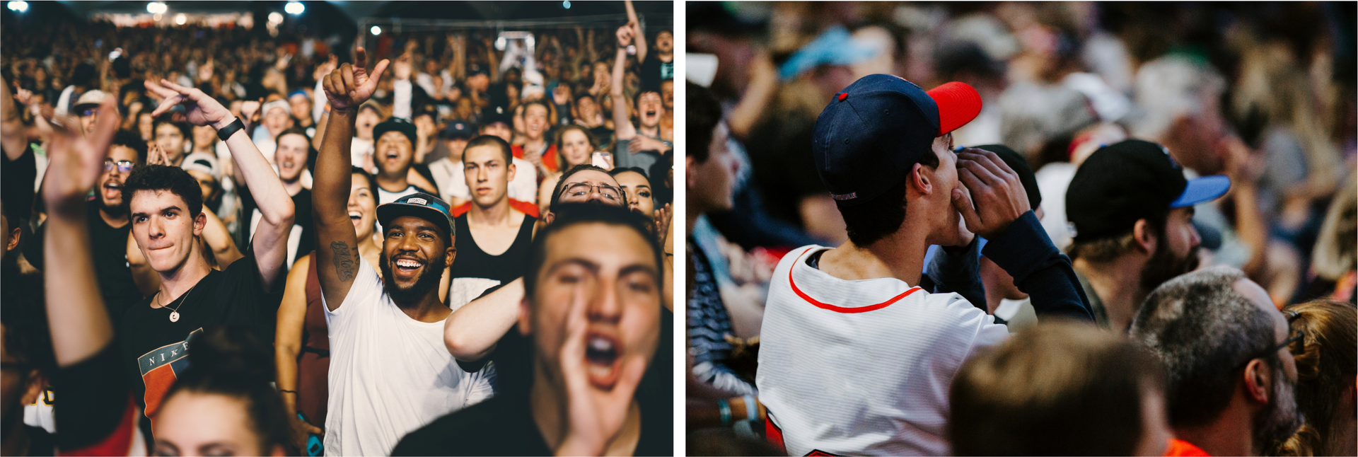 Ilustracja składa się z dwóch zdjęć. Zdjęcie po lewej przedstawia cieszących się kibiców. Mają uniesione ręce w geście triumfu . Zdjęcie po prawej przedstawia smutnych kibiców. Kibice widoczni są bokiem i tyłem do kadru. Jeden z kibiców układa ręce na ustach w "tubę" jakby coś krzyczał.