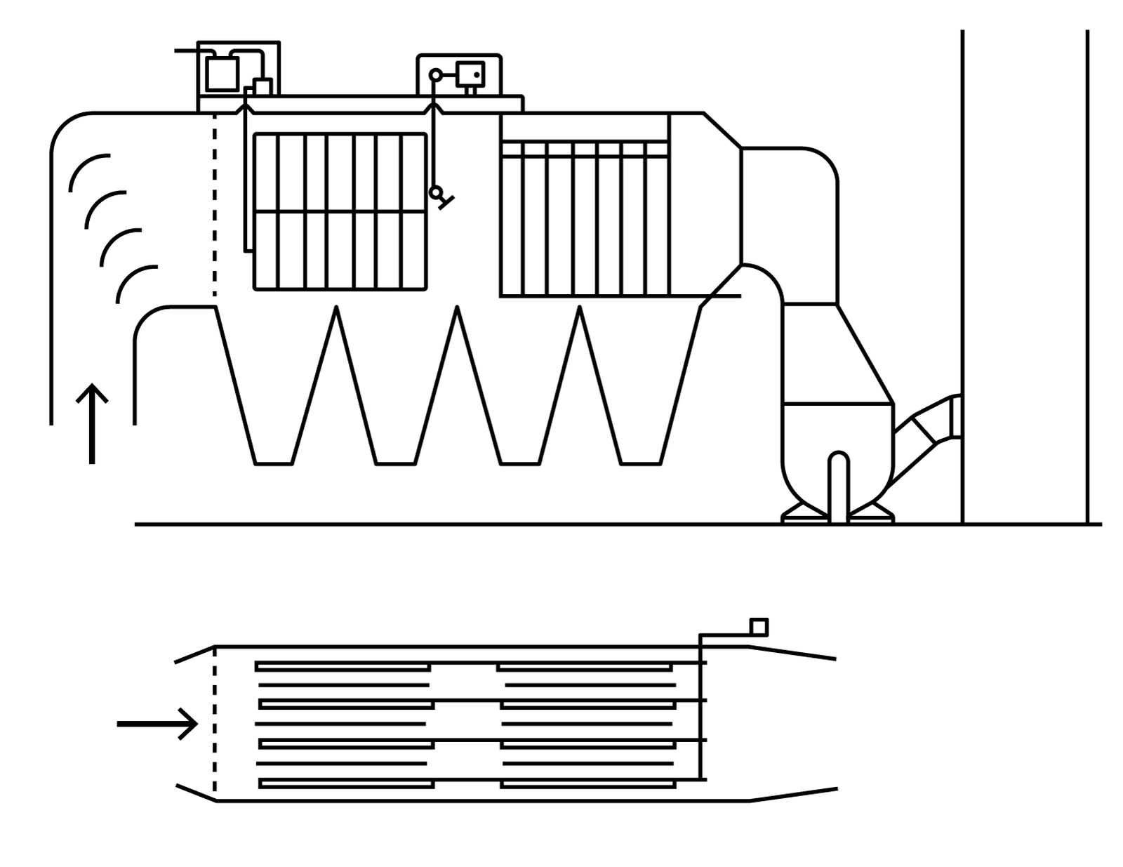 Rys. 7 Schemat elektrofiltru: 1. wlot spalin; 2. zespół zasilający (transformator, prostownik); 3. elektroda ulotowa; 4. elektroda osadcza; 5. strzepywacz pyłu; 6. lej pyłowy; 7. wentylator spalin; 8. komin