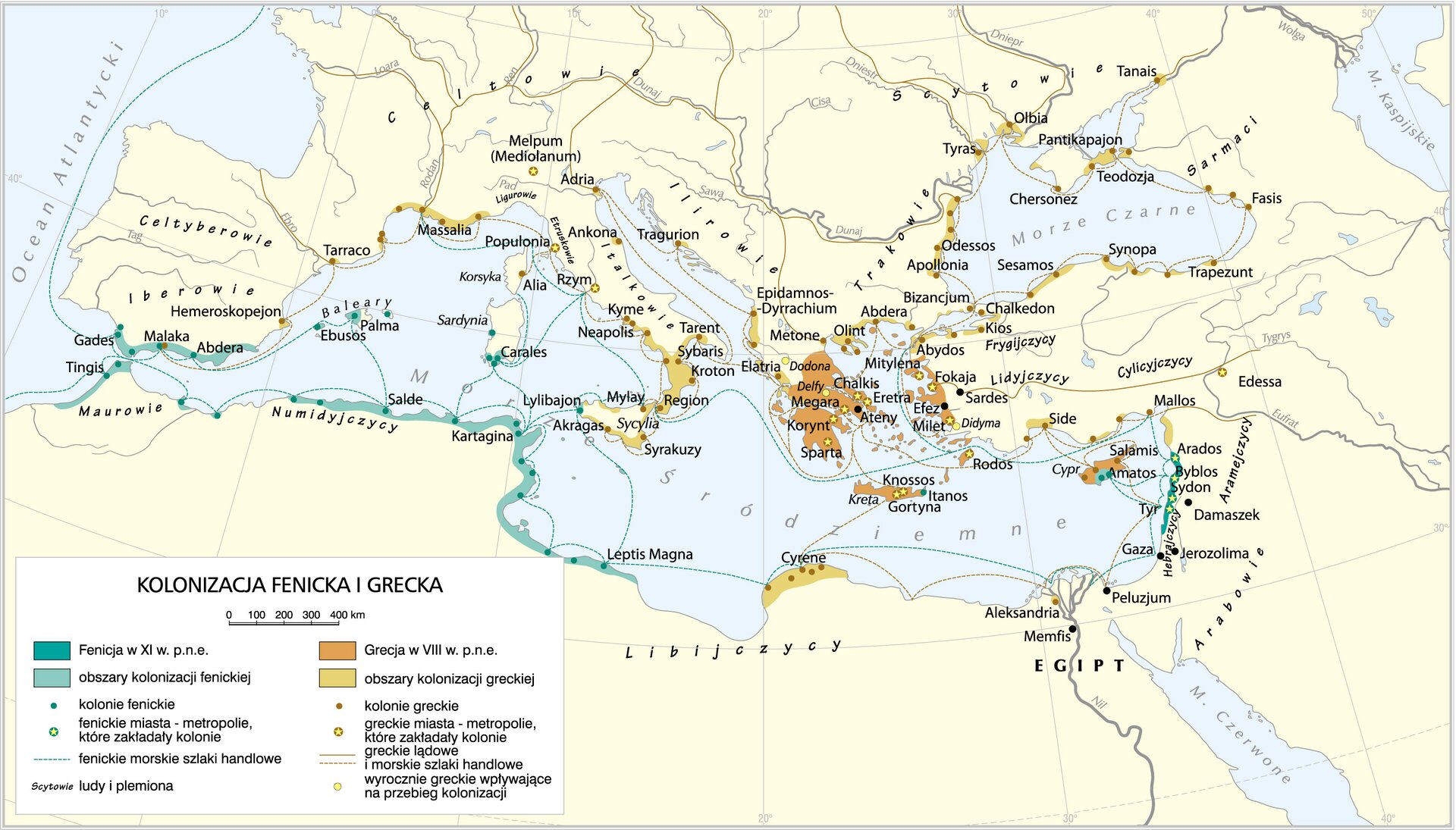 Mapa przedstawiająca basem Morza śródziemnego i Morza Czarnego. Różnymi kolorami oznaczone są wokół tych mórz miejsca, w których Grecy zakładali swoje kolonie