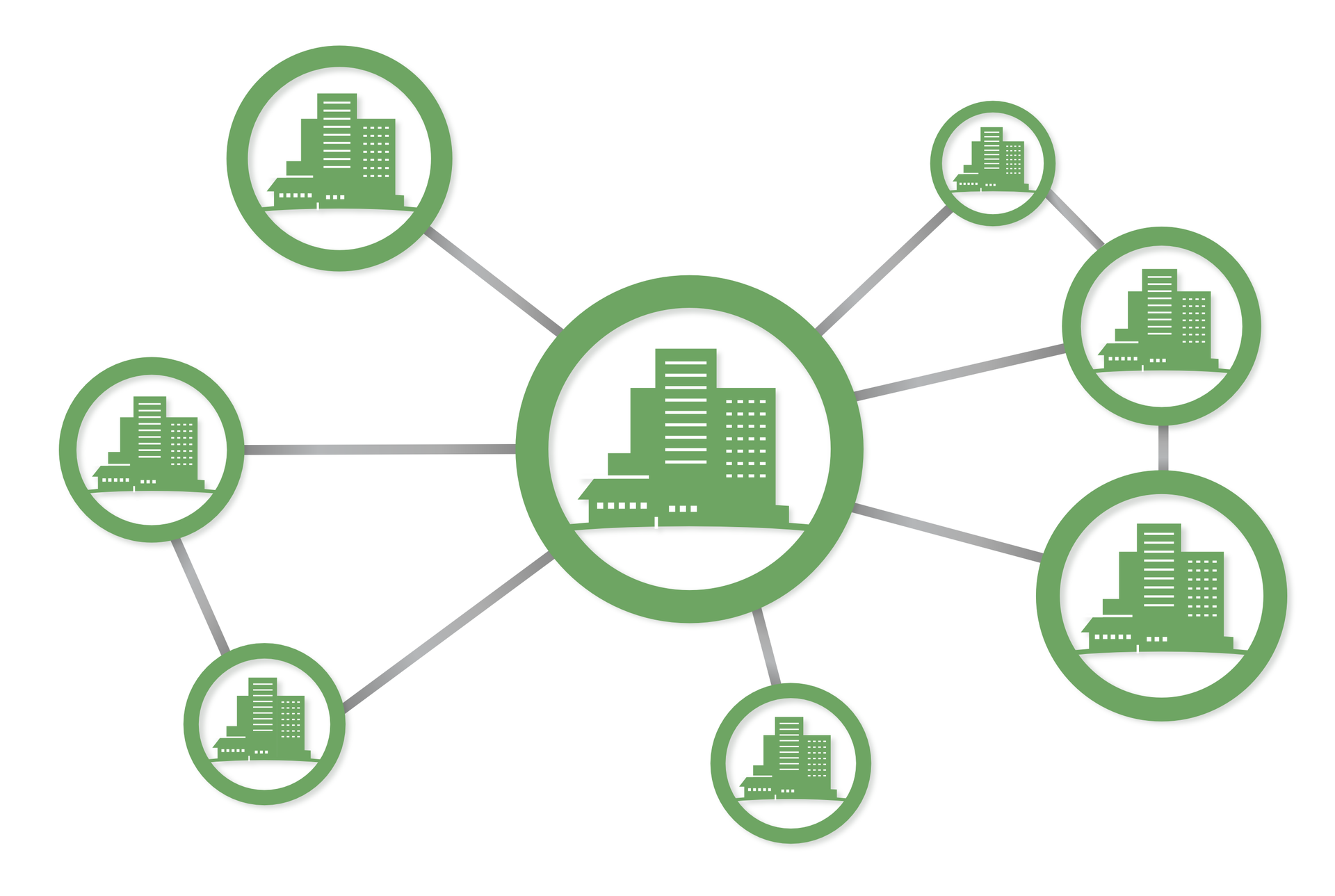 Na ilustracji schemat aglomeracji. Kilka piktogramów oznaczających miasta połączonych jest liniami. W centrum jeden duży piktogram, dookoła mniejsze. Połączenia rozchodzą się promieniście od największego piktogramu do mniejszych.