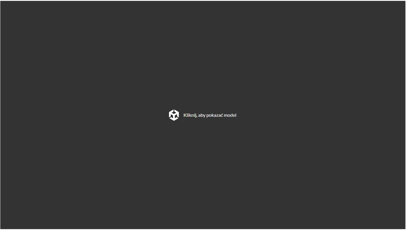 Ilustracja przedstawia widok ekranu wprowadzającego do wizualizacji modelu. Na środku czarnego ekranu znajduje się znak oraz napis kliknij aby pokazać model.