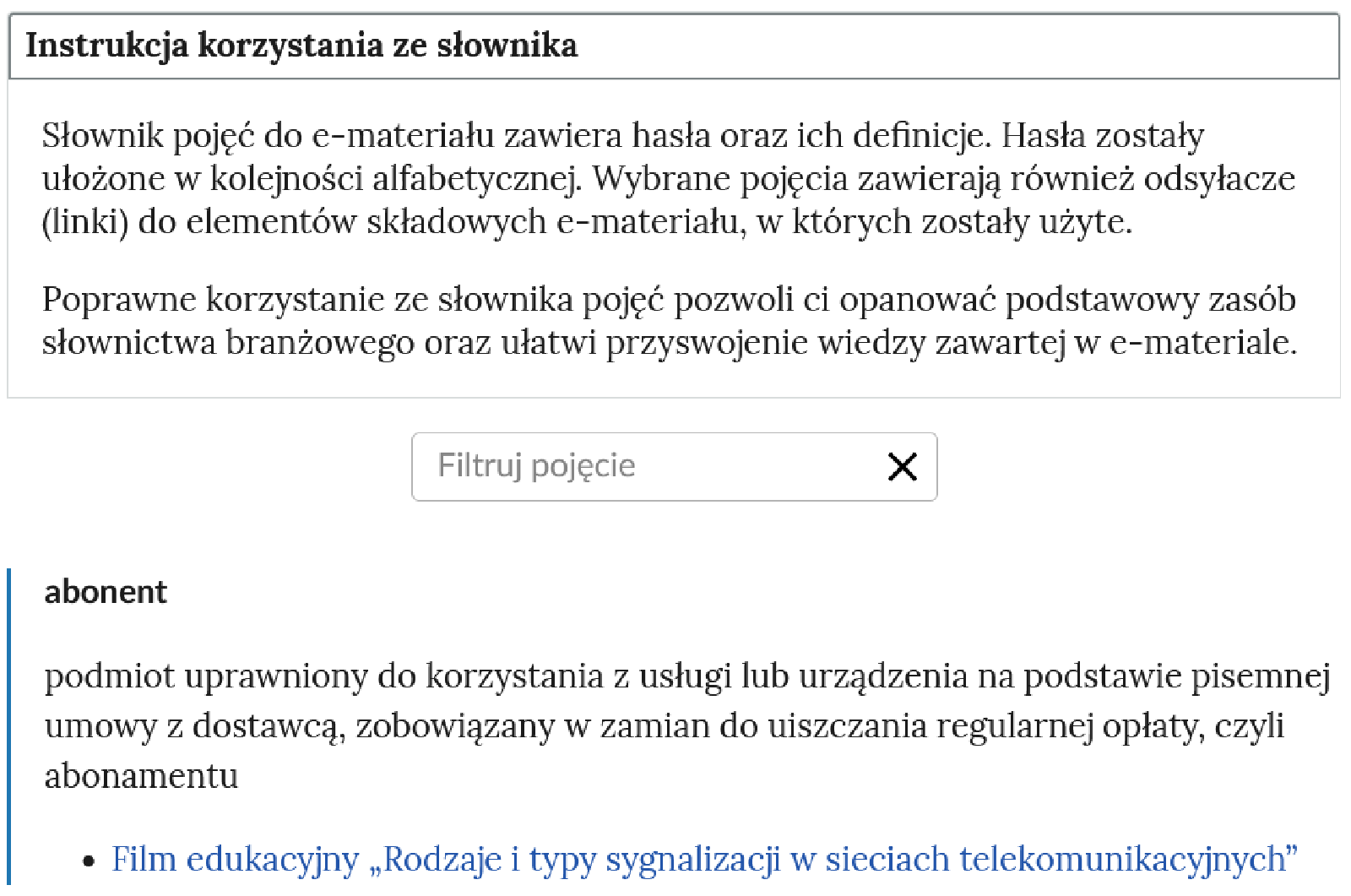 Widok na górną część słownika z polem filtrowania haseł słownika.
