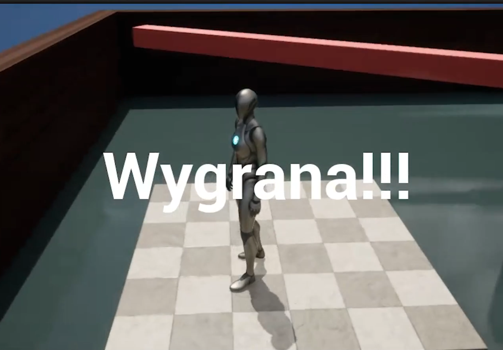 Widoczna jest gra z programu Unreal
Engine 5. Na postaci widnieje napis wygrana.