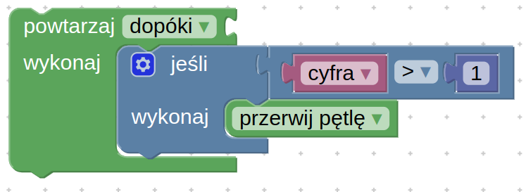 Na ilustracji znajduje się blokowy fragment programu w języku wizualnym. Program składa się z pętli „powtarzaj dopóki”, wewnątrz której znajduje się instrukcja warunkowa „jeśli”. Warunek sprawdza, czy zmienna „cyfra” jest większa od 1. Jeśli warunek jest spełniony, wykonywana jest instrukcja „przerwij pętlę”, co powoduje zakończenie działania pętli. Całość przedstawiona jest w kolorowych blokach: zielonym (pętla), niebieskim (warunek), różowym (zmienna), szarym (operator porównania) i fioletowym (wartość liczby).