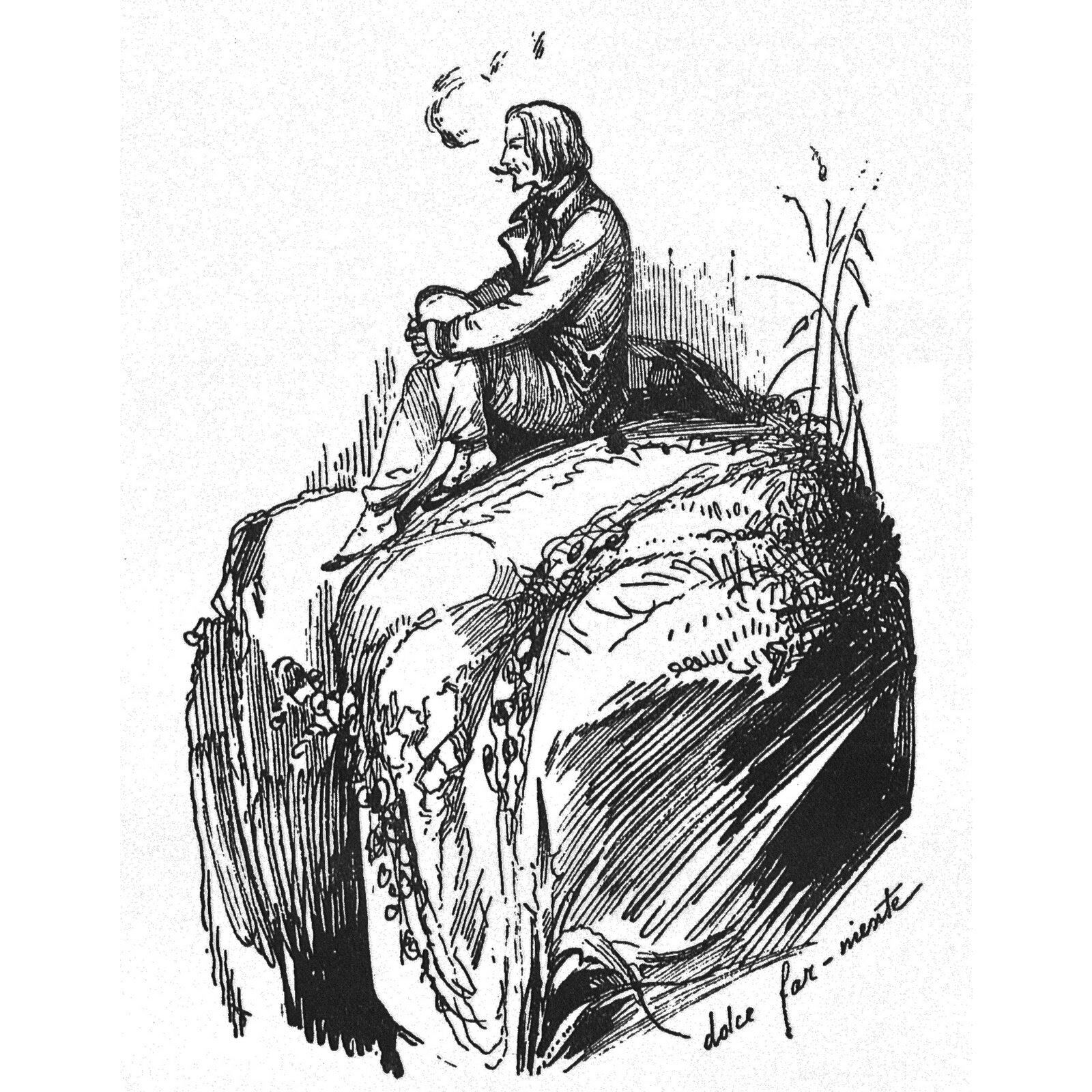 Ilustracja przedstawia siedzącego na ziemi mężczyznę w surducie. Trzyma rękoma swoje lewe kolano. Ma półdługie włosy. Pali papierosa, z którego unosi się dym. Wokół niego jest trawa oraz roślina z cienkimi łodygami. 