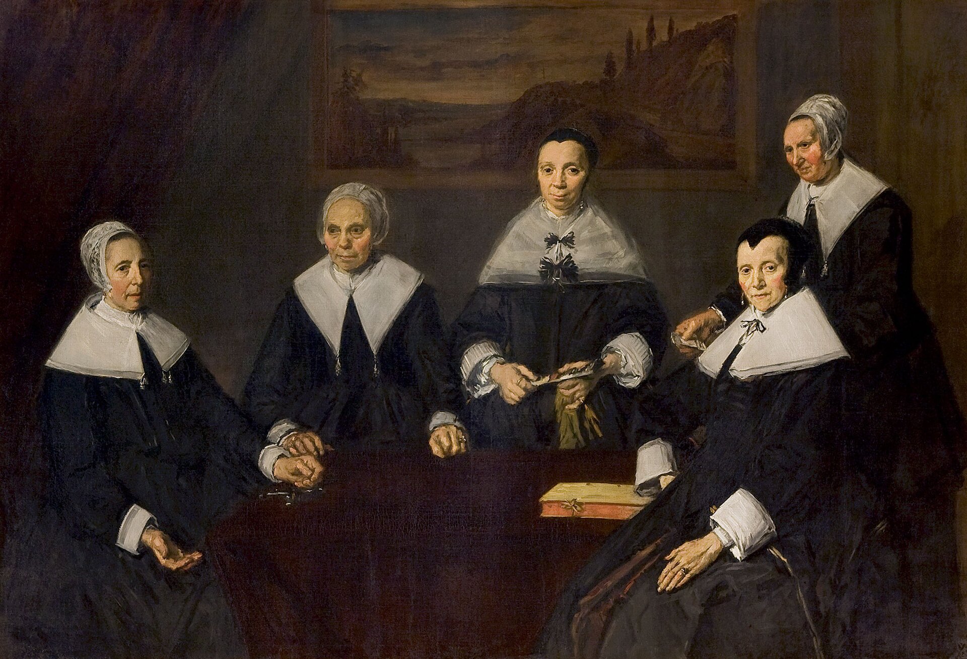 Ilustracja przedstawia obraz Fransa Halsa „Regentki domu staruszek w Haarlemie”. Na obrazie widzimy kilka starszych kobiet. Ubrane są w długie, czarne suknie, z białymi kołnierzami. Na włosach mają czepki. Kobiety siedzą przy stole, na którym leży książka. W tle na ścianie widoczny jest wiszący obraz pejzażowy o melancholijnym nastroju.