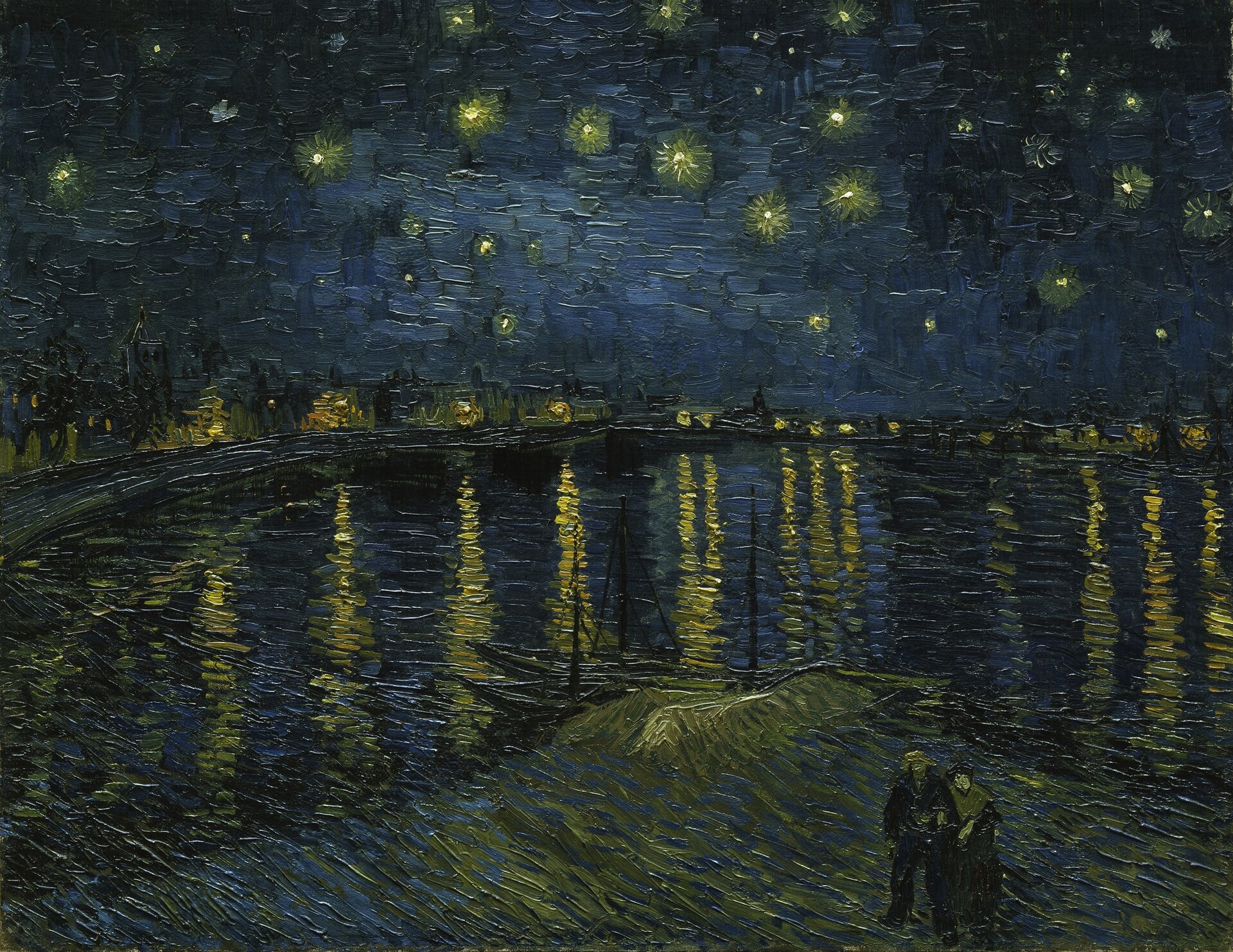Gwiaździsta noc nad Rodanem Źródło: Vincent van Gogh, Gwiaździsta noc nad Rodanem , 1888, obraz olejny, domena publiczna.