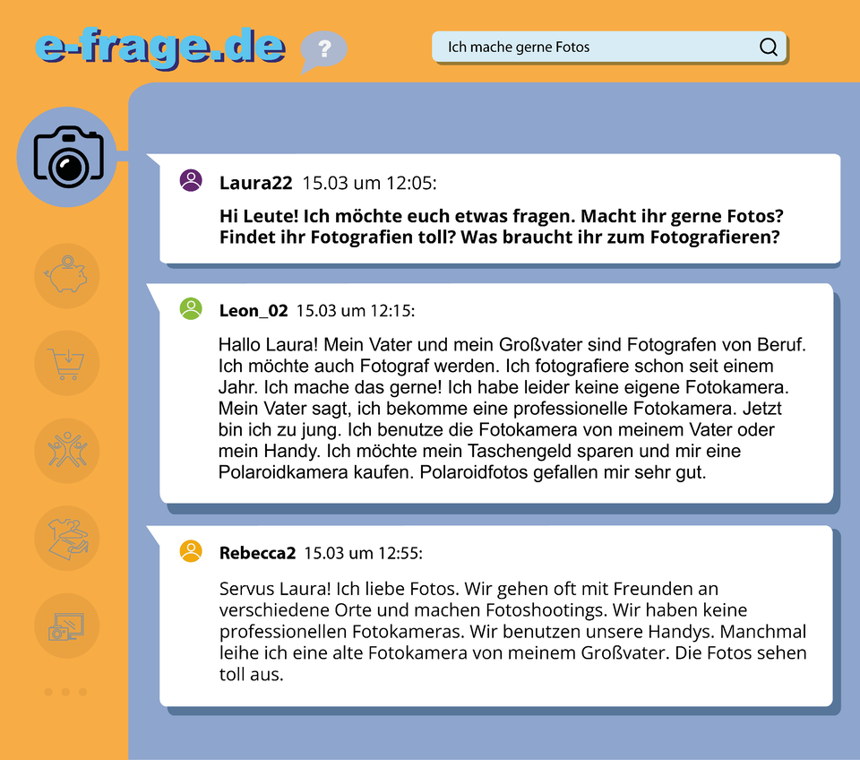 Ilustracja przedstawia wpisy na forum internetowym trojga użytkowników, korzystających z następujących pseudonimów:    Laura22, Leon_02, Rebecca 2. 