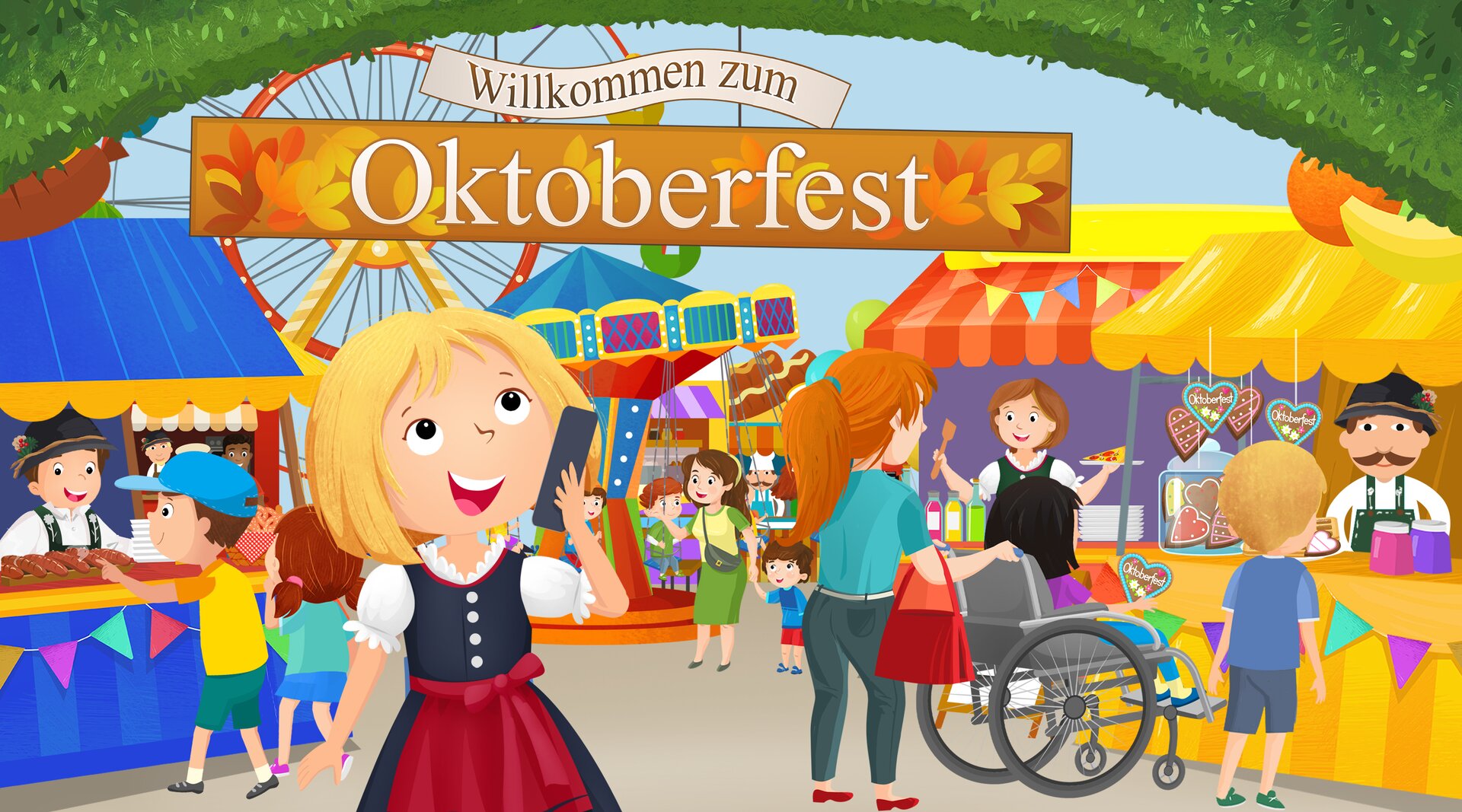 Ilustracja przedstawia dziewczynkę na festynie w Monachium 