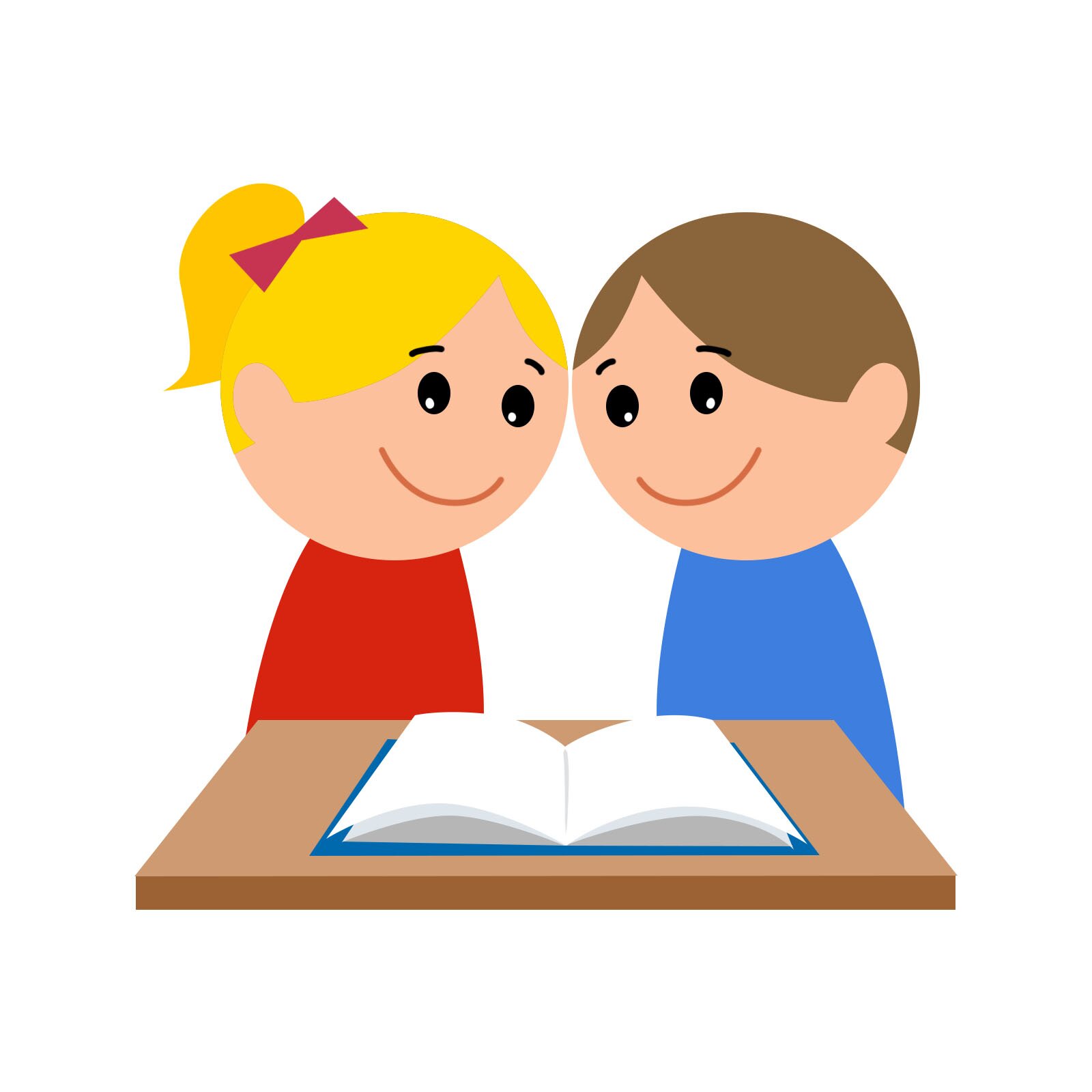Ilustracja przedstawia dwoje uczących się z podręcznika dzieci. 