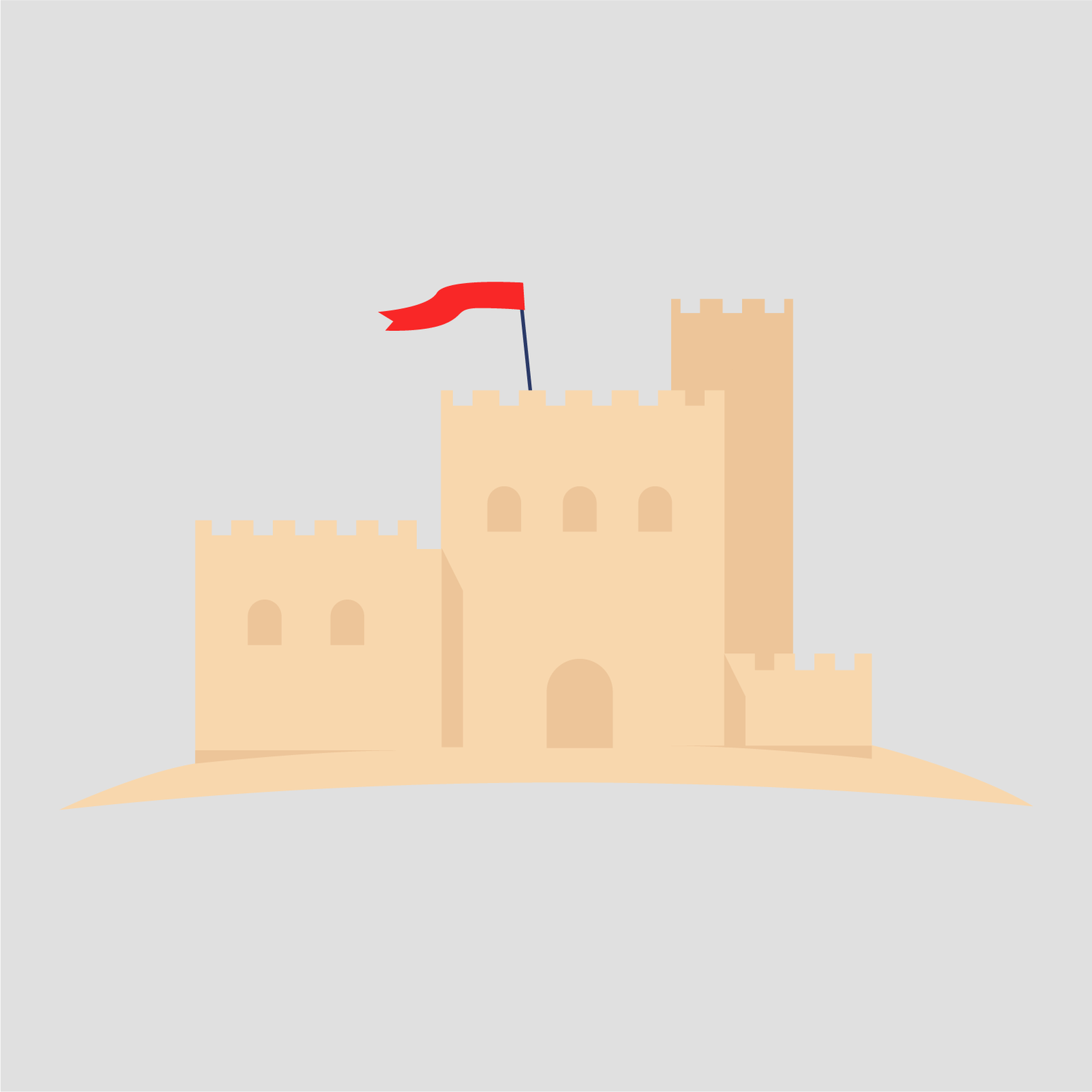 Ilustracja przedstawia zamek z piasku, z zatkniętą czerwoną chorągiewką. 