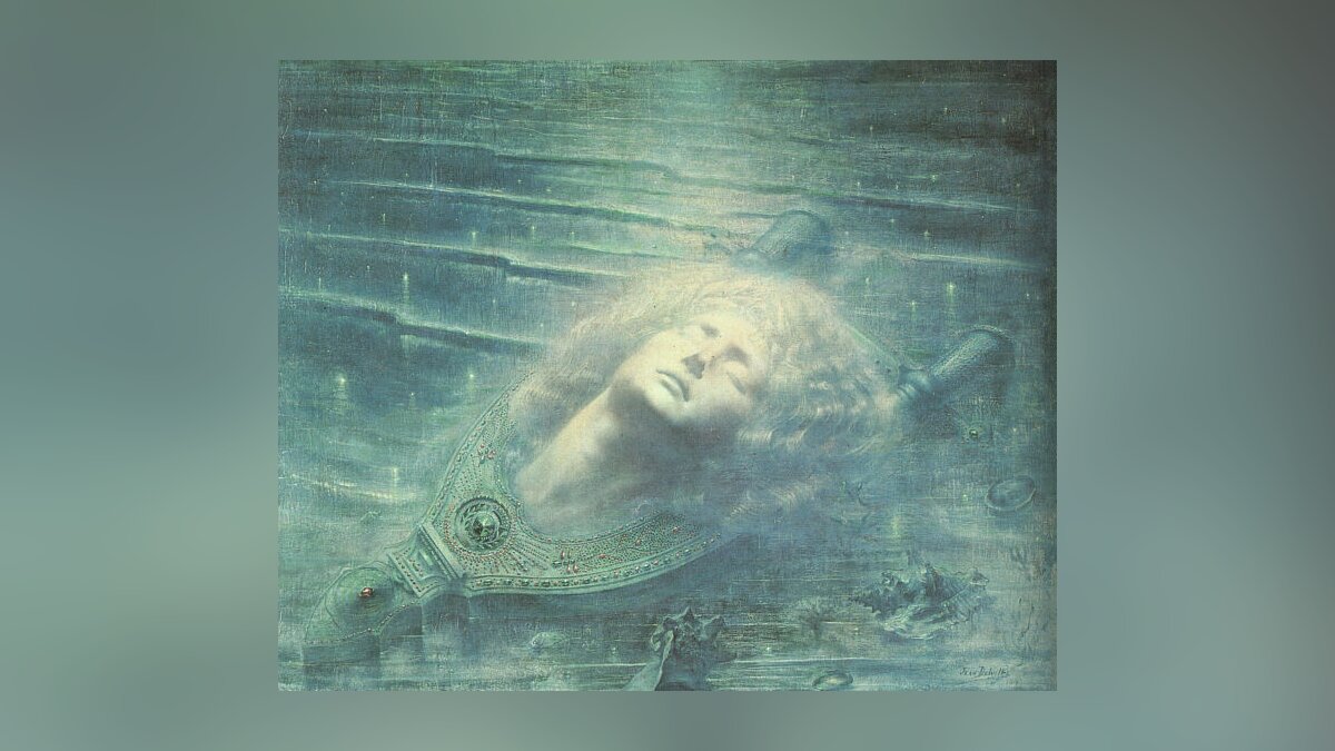 Obraz przedstawia powierzchnię wody. Unosi się na niej głowa młodego, długowłosego mężczyzny. Jego oczy są zamknięte, twarz spokojna.