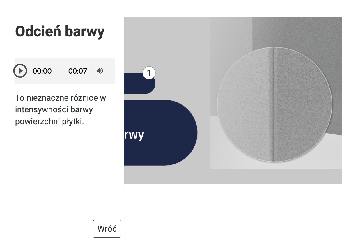 Ilustracja prezentuje planszę interaktywną przedstawiającą deklaracje właściwości użytkowych dla wyrobów szklanych. Na planszy znajdują się interaktywne znaczniki. Plansza ma otwarty opis do pierwszego znaczka Odcień barwy. Obok opisu znajduje się pasek odtwarzania z plikiem z nagraniem dźwiękowym czytanym tekst planszy przez lektora.
