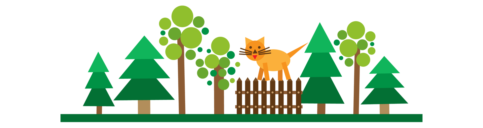 Ilustracja przedstawia drzewa iglaste i liściaste złożone z figur geometrycznych, rosnące na polanie przypominającej podłużny, wąski, ciemnozielony prostokąt. Każde drzewo iglaste składa się z trzech zielonych trójkątów i brązowego prostokąta jako pnia. Każde drzewo liściaste ma podłużny, prostokątny, brązowy pień i koronę w postaci kilkunastu zielonych kółek. Na środku znajduje się ciemnobrązowy płot, na którym stoi pomarańczowy kot. Jego tułów jest owalny, ogon trójkątny, nogi są prostokątne, uszy trójkątne, głowa jest okrągła. Nos i pysk mają postać prostokąta, oczy są okrągłe, a wąsy to cienkie i podłużne prostokąty.