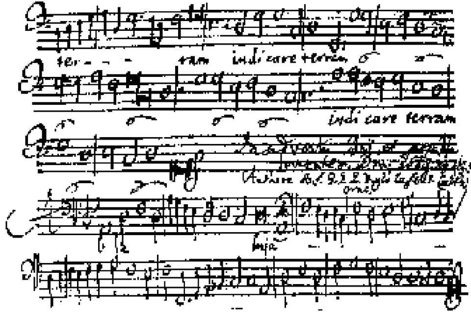 Zapis nutowy fragmentu „Completorium”. Notacja jest zapisana bardzo niewyraźnie w archaicznym stylu.