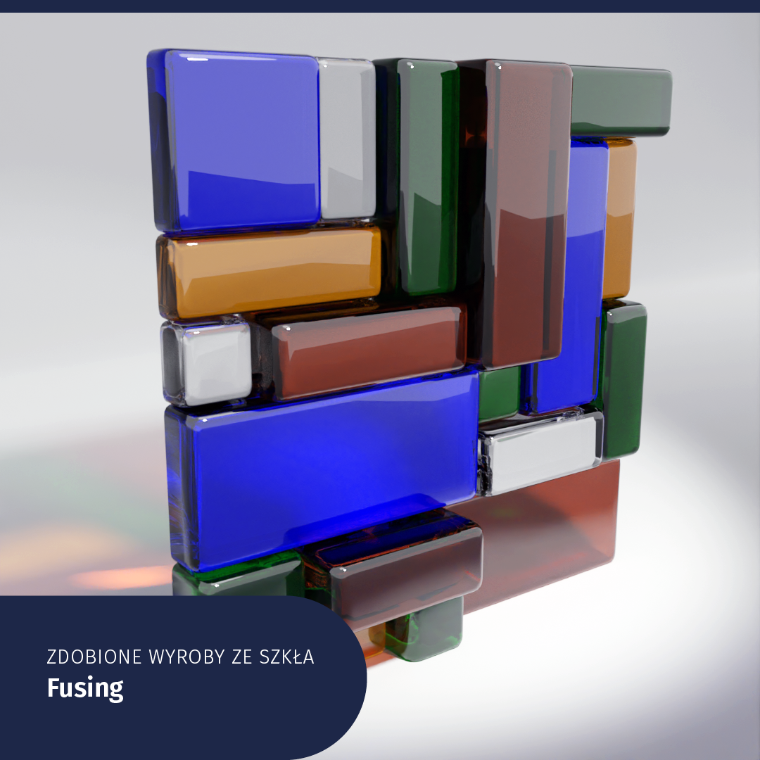Ilustracja przedstawia taflę szkła składającą się z kilku szklanych elementów o prostokątnym i kwadratowym kształcie. Elementy te mają różne kolory. Podpisano Zdobione wyroby ze szkła. Fusing.
