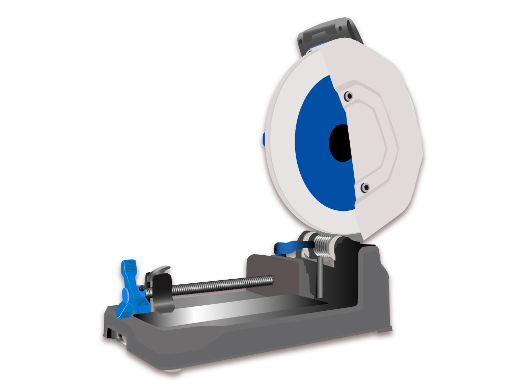 Grafika przedstawia przecinarkę do cięcia stali na białym tle. Maszyna składa się z ostrza osadzonego na podstawie.