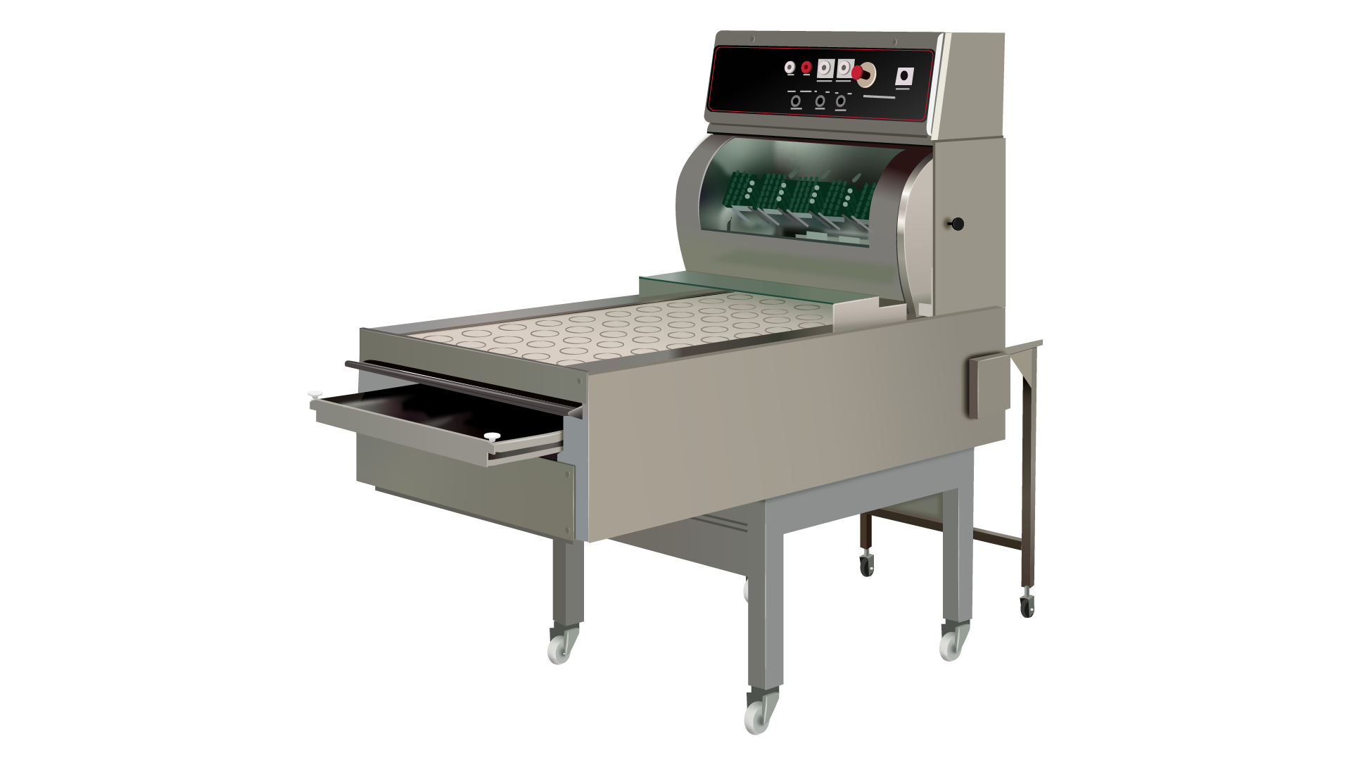 Zdjęcie przedstawia znakownicę. Widoczne jest urządzenie w ujęciu z ukosa, stojące na czterech nogach (trzy widoczne) z kółkami, z dwoma dodatkowymi nogami na kółkach w tylnej części. Na stelażu ustawiony jest poziomo prostopadłościenny element w wysuniętą szufladą z przodu, na górnej powierzchni z prostokątną taśmą. W tylnej części urządzenia widoczny jest panel sterowania.