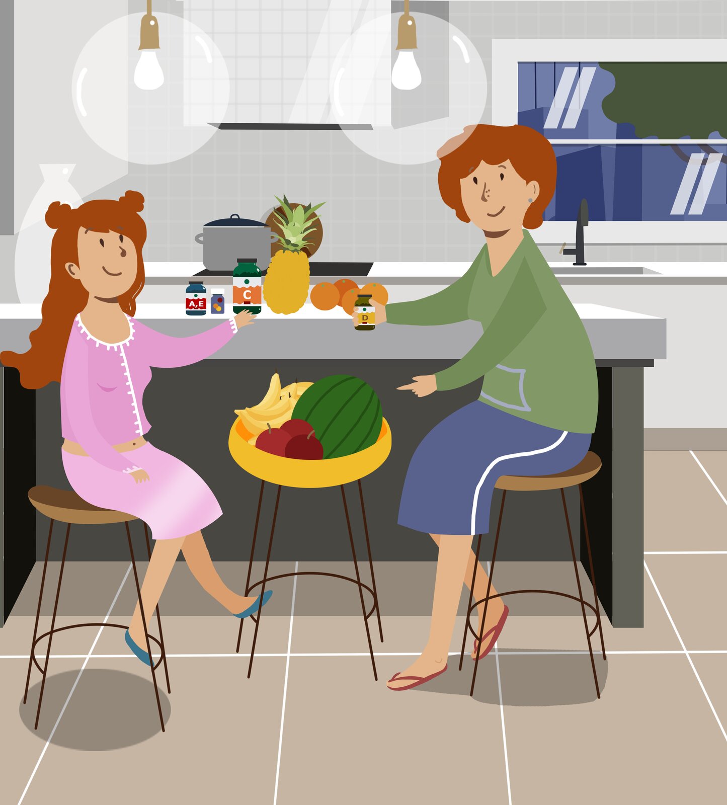 Ilustracja przedstawia kuchnię. Na stołkach przy stole siedzą kobieta i dziewczynka. Na tacy leżącej pomiędzy nimi widoczne są owoce: arbuz, banany i jabłka. Na stole stoją buteleczki w tabletkami opisane jako witaminy D,C, A, E oraz ananas i pomarańcze..