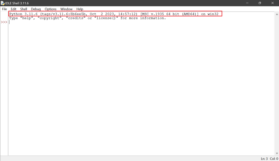 Zrzut ekranu przedstawia okno programu  IDLE Shell  dla Pythona w wersji 3.11.6 działające w systemie Windows. W górnej części okna widoczny jest pasek menu z opcjami:  File, Edit, Shell, Debug, Options, Window, Help.