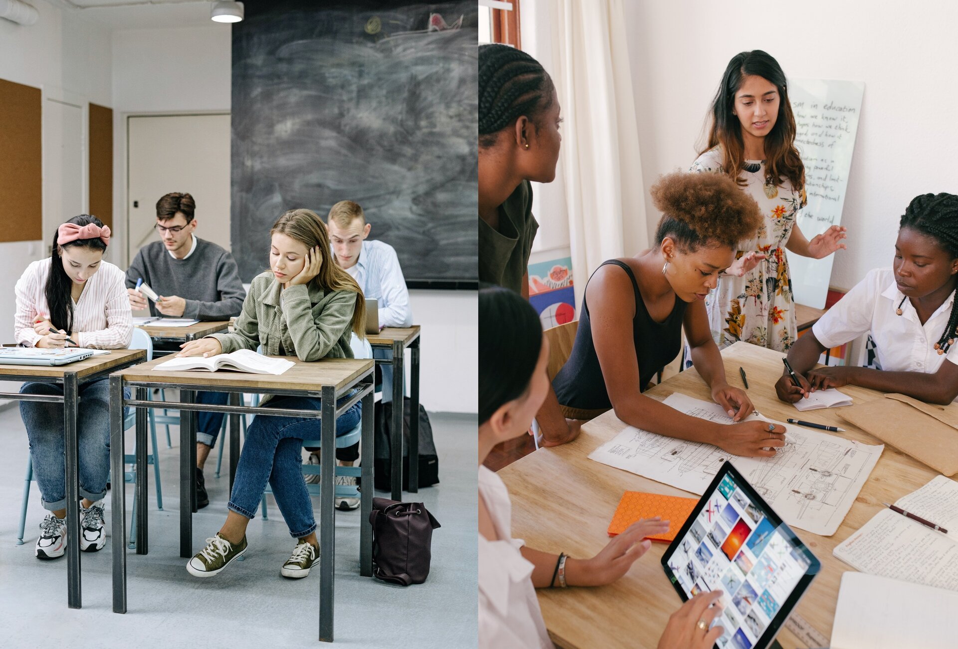 Po lewej stronie grafiki znajduje się zdjęcie uczniów siedzących pojedynczo, przy pojedynczych stolikach. Po prawej stronie znajduje się zdjęcie przedstawiającą grupę młodzieży pracującą w grupie, przy złączonych stolikach.