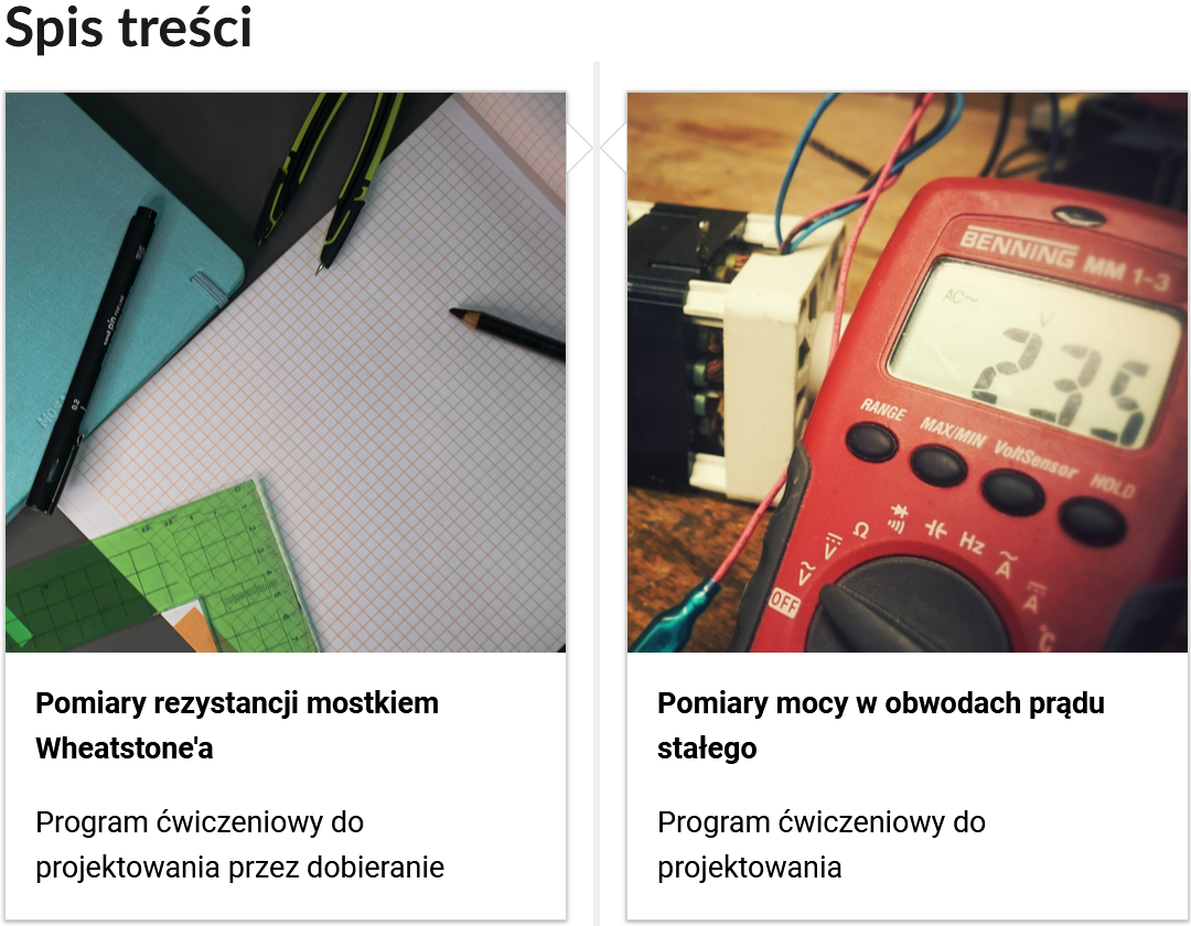 Grafika przedstawia dwa kafelki ze spisu treści. Są umiejscowione obok siebie. Mają kwadratowy kształt. Każdy składa się ze zdjęcia okładkowego, tytułu oraz określenia typu multimedium. W tym wypadku są to programy ćwiczeniowe do projektowania.