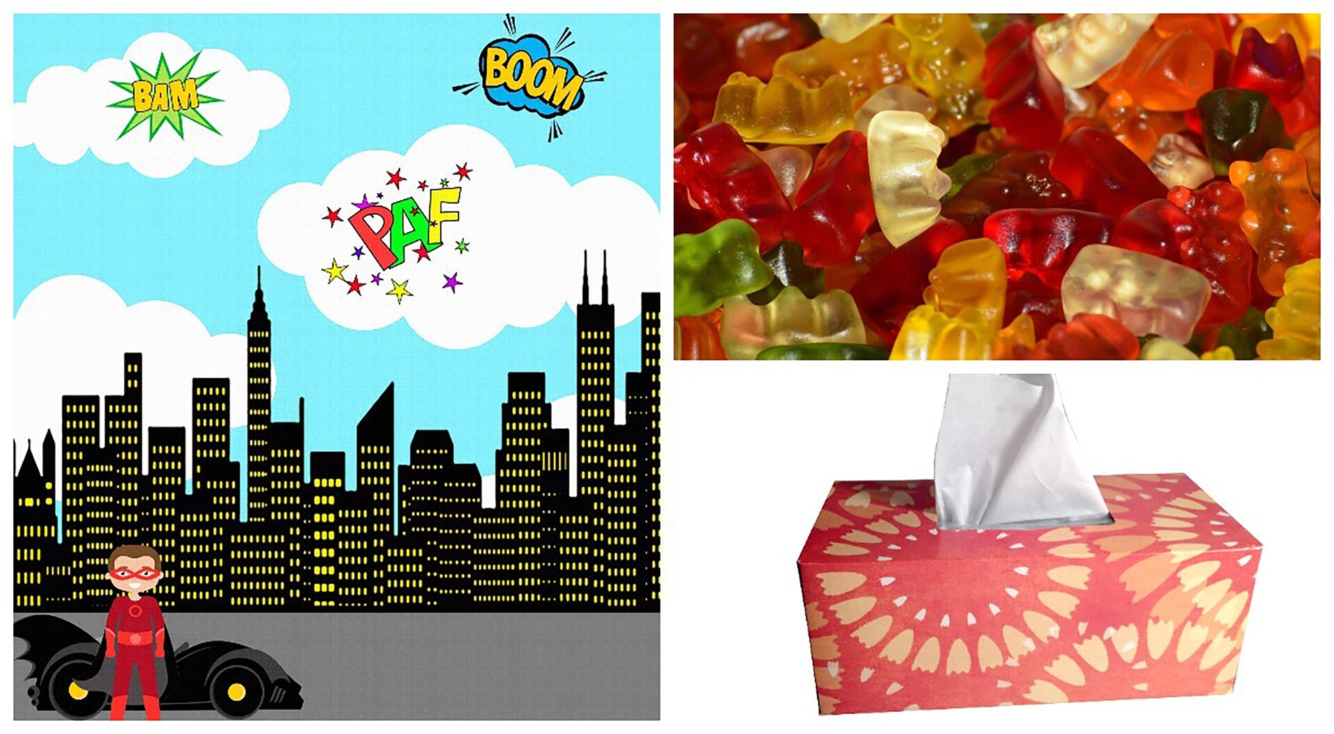 Ilustracja przedstawia komiks, żelki i chusteczki higieniczne. 