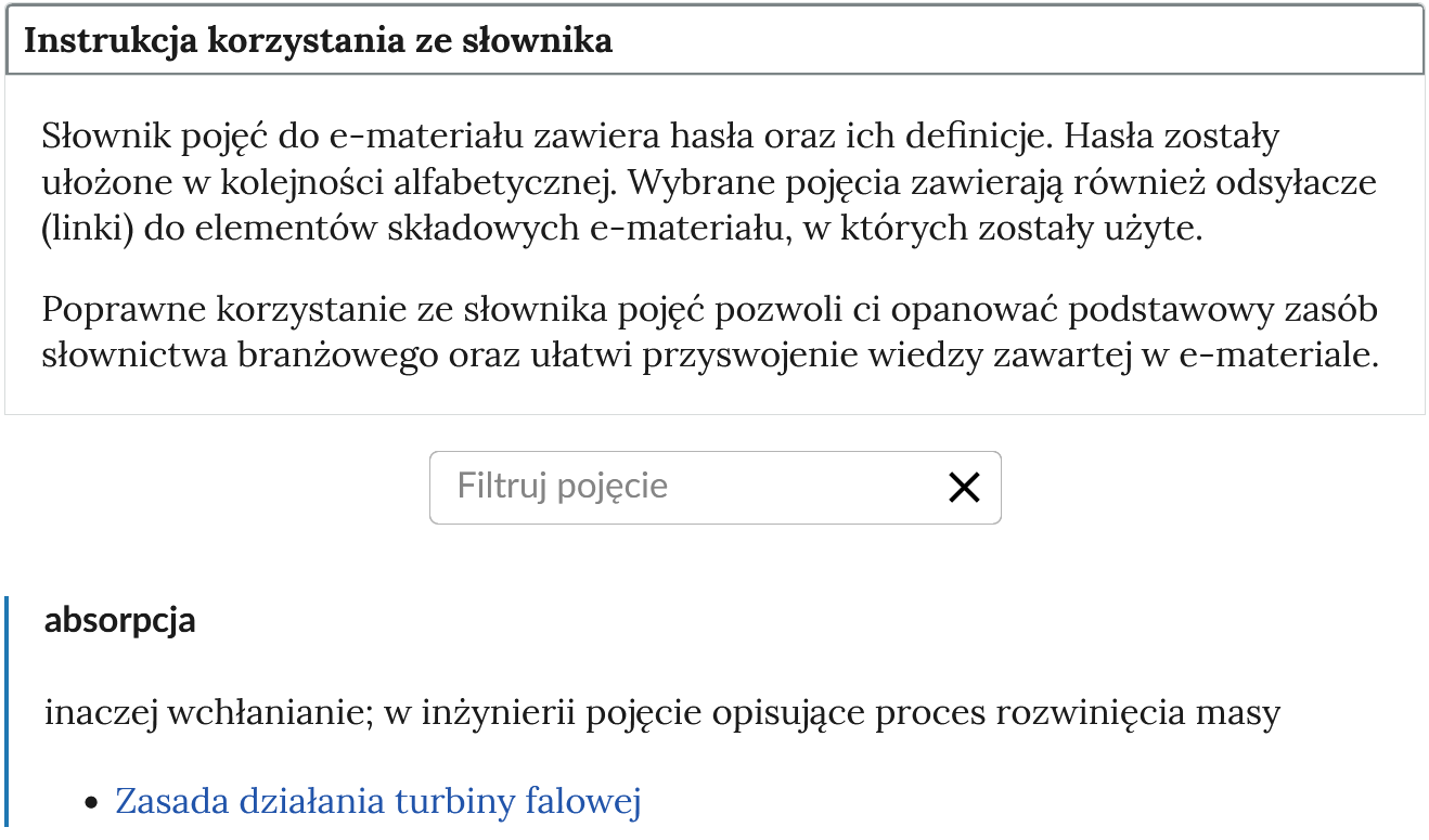 Ilustracja przedstawia widok na górną część słownika. Na górze znajduje się instrukcja, niżej pole do filtrowania haseł słownika. Na dole widoczne jest hasło wraz z definicją.