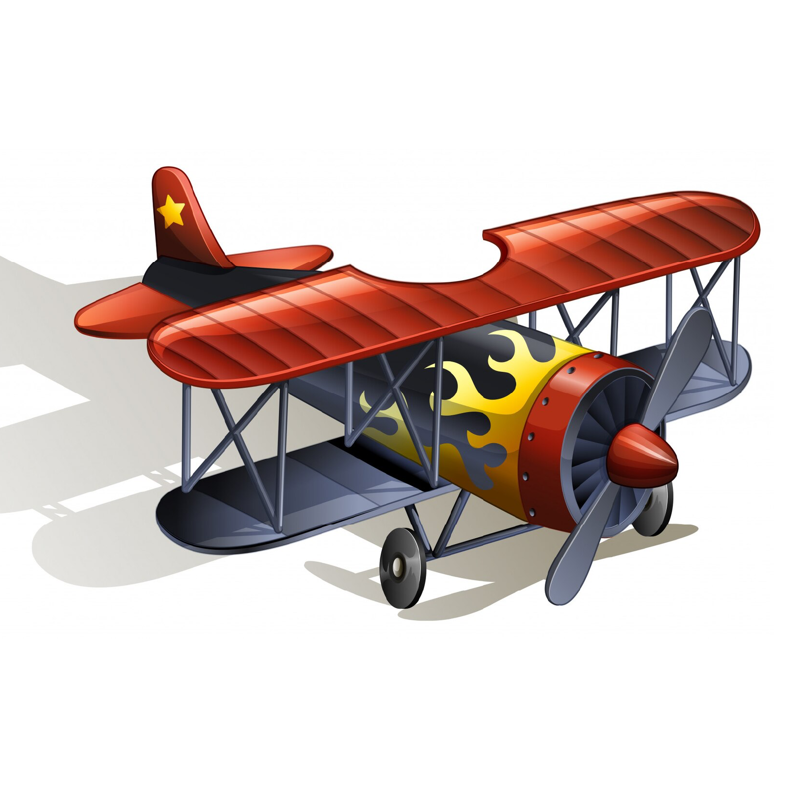 Ilustracja ukazuje zabawkowy model samolotu śmigłowego. Jest on koloru czerwonego. Na samolocie narysowane są płomienie. Na ogonie samolotu jest narysowana gwiazdka.