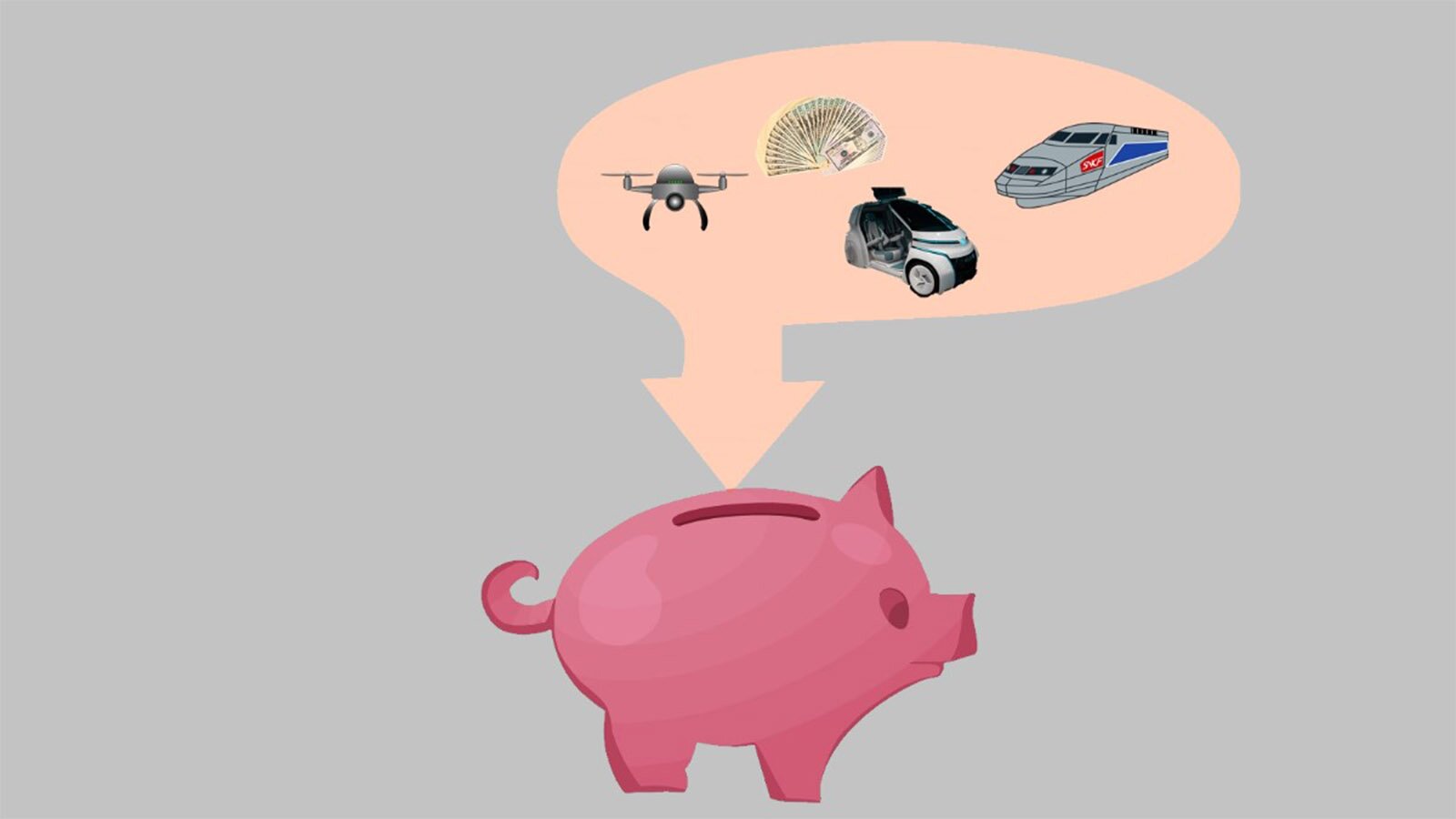 Ilustracja przedstawia świnkę skarbonkę, do otworu której prowadzi chmurka z ilustracjami ukazującymi nowoczesne technologie oszczędzające pieniądze i czas takie jak: drony, samojeżdżące auto, pociąg dużych prędkości.