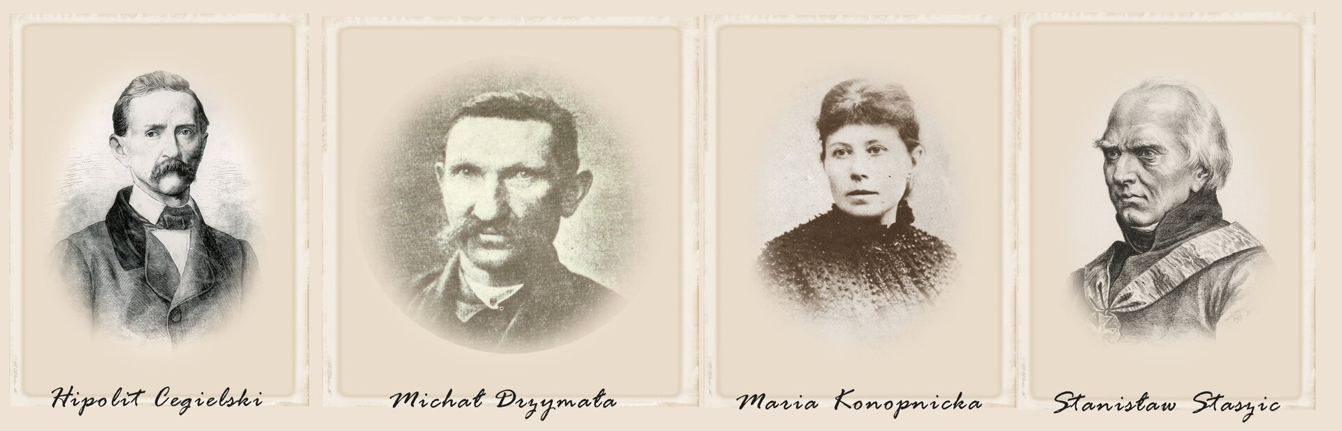 Przykładowe portrety Polaków, którzy mimo działań państw zaborczych, potrafili odnieść sukces życiowy. Od lewej: Hipolit Cegielski, Michał Drzymała, Maria Konopnicka, Stanisław Staszic.