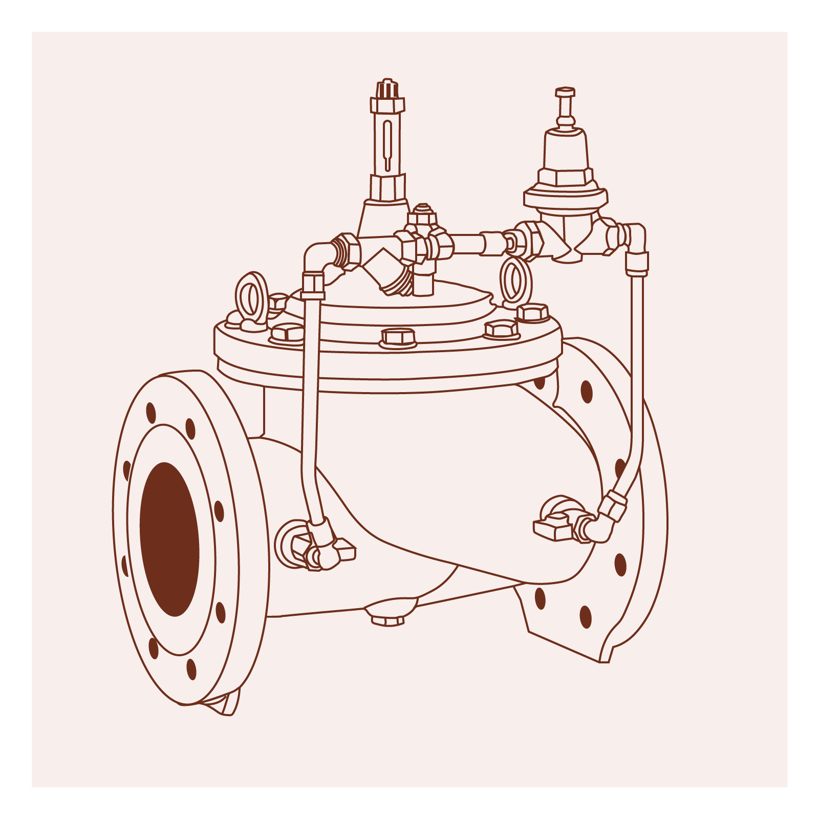 Grafika przedstawia zawór redukcyjny. Widoczny jest cylindryczny przedmiot w poziomie. Zakończony po obu stronach tarczami z otworami pośrodku. Na górze widoczne jest okrągłe zamknięcie w formie grzybka z mechanizmem otwieranie i zamykania.
Opisy obiektów prezentowanych na grafikach są załączone w treści atlasu.