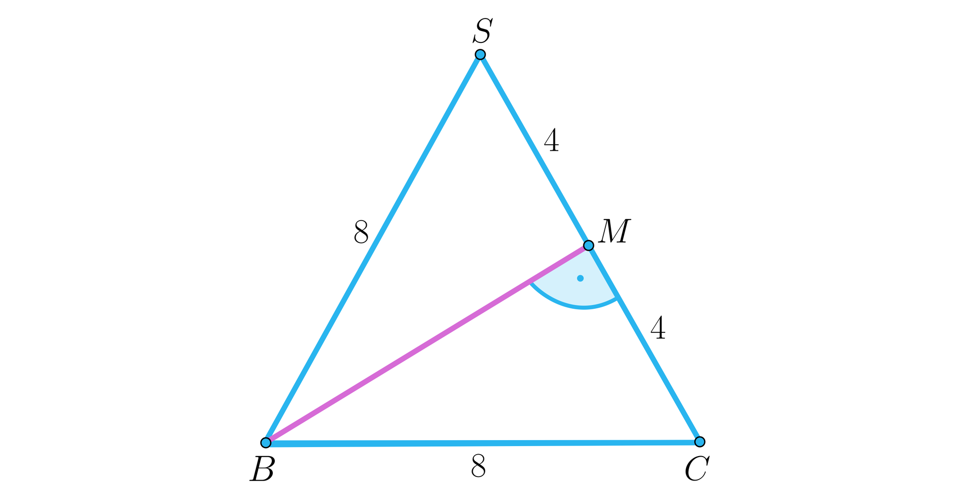 Ilustracja przedstawia trójkąt równoboczny B C D o bokach o długości osiem. Narysowano wysokość B M upuszczoną na bok C S. Punkt M dzieli bok C S na dwa odcinki o długości 4: C M oraz M S.
