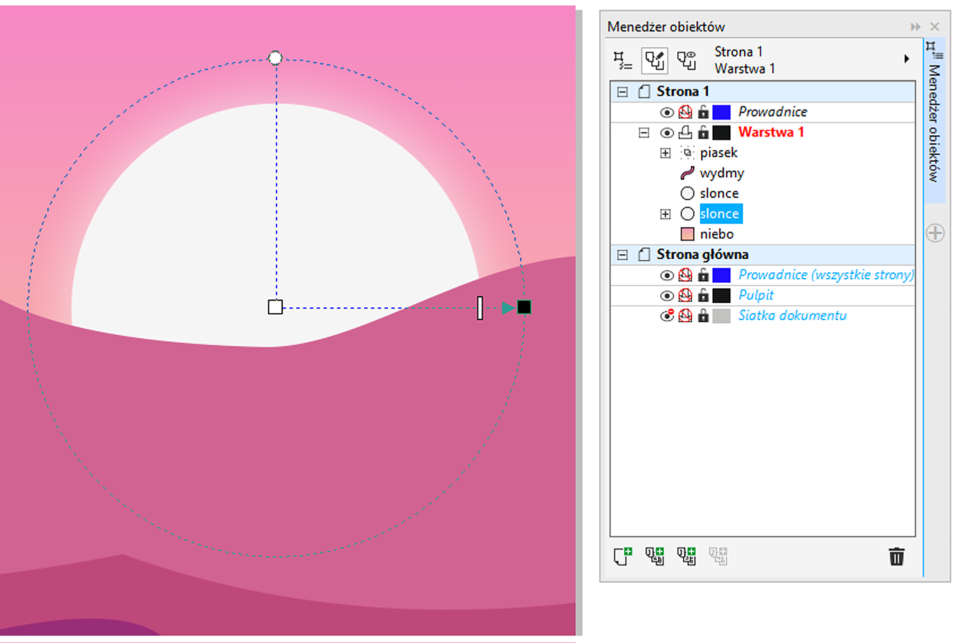 Zdjęcie przedstawia "Menedżer obiektów" po prawej stronie: okno po prawej: "Strona 1" (rozwinięte):   "Prowadnice",   na czerwono "Warstwa 1" (rozwinięte):     "pasek" (zwinięte menu)     "wydmy",     "slonce",     "slonce" (zwinięte menu),     "niebo";     (koniec menu "Warstwa 1"),   (koniec menu "Prowadnice"), (koniec menu "Strona 1") "Strona główna" (rozwinięte):   "Prowadnice (wszystkie strony)",   "Pulpit",   "Siatka dokumentu", (koniec menu "Strona główna"). Gradient kolorów od pomarańczowego do różowego, idący od dołu ku górze w tle. Na gradiencie ułożono kształty:   1 kształt jest ciemniejszy przypomina opadające fale morskie,   2 kształt jest lekko jaśniejszy, lecz nadal ciemniejszy od tła,     jest to prosta linia na górze, która wznosi się do pojedynczego wierzchołka znajdującego się po środku ekranu, następnie opada tak samo jak wzrostła.   3 kształt to wielki falujący górną krawędzią obszar,     którego dolne krawędzie to 3 ścianki prostokąta.     Obszar umieszono pod poprzednimi.   4 kształt to słońce, które umieszczono w tle, za wydmami,     jest białym kołem.