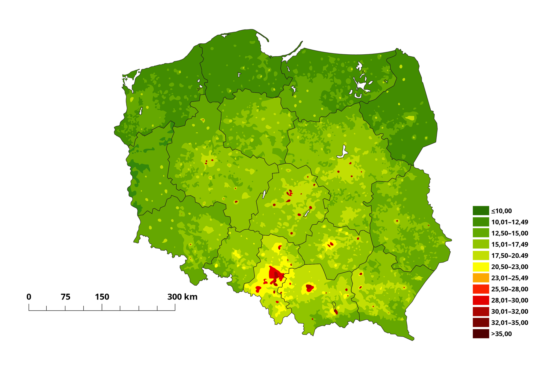 Mapa Polski przedstawia średnie roczne stężenie pyłu PM2,5. Powyżej 25,20 występuje w okolicy Katowic, Krakowa, Kielc, Poznania, Warszawy i gdzieniegdzie w województwie łódzkim i podkarpackim. Od 20,5 do 23 występuje w województwie śląskim i małopolskim. W reszcie województw występuje poniżej 20,50 w czym w województwie zachodniopomorskim, pomorskim, warmińsko mazurskim i podlaskim poniżej 10.