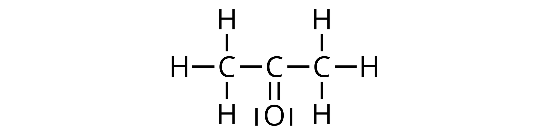 Wzór elektronowy propanonu, który to zbudowany jest z atomu węgla połączonego za pomocą wiązania podwójnego z atomem tlenu, na którym zlokalizowane są dwie wolne pary elektronowe. Wspomniany atom węgla łączy się za pomocą wiązań pojedynczych z dwoma innymi atomami węgla, z który każdy połączony jest za pomocą wiązań pojedynczych z trzema atomami wodoru.