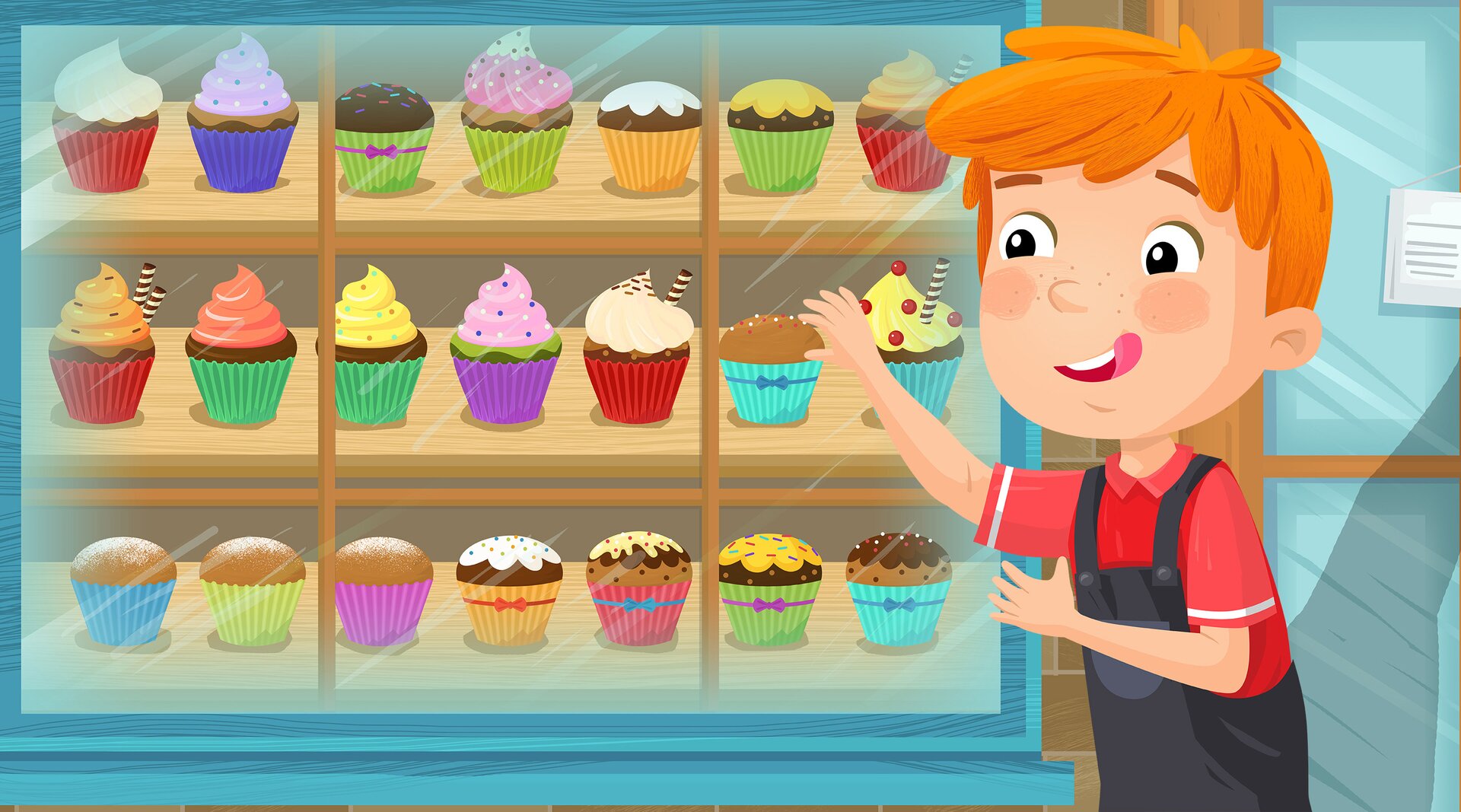 Na ilustracji znajduje się chłopiec, który ma ochotę na muffinki, ustawione na półce.