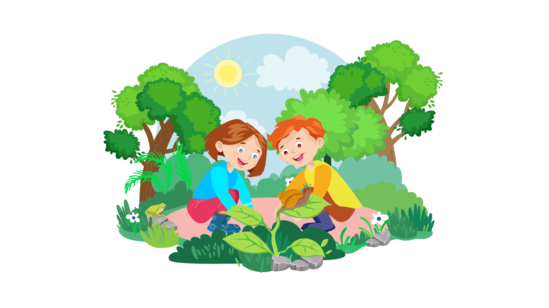 Ilustracja przedstawia teren porośnięty zielenią. W tle widać błękitne niebo ze słońcem i chmurami. Dookoła rosną drzewa liściaste, niskie krzewy, kępki wysokiej trawy i pojedyncze białe kwiatki. Gdzieniegdzie leżą szare kamienie. Na jednym z nich, znajdującym się po lewej stronie ilustracji, siedzi zielona żaba. Na pierwszym planie jest roślina o dużych zielonych liściach. Po jednym z liści idzie ślimak. Ma jasnobrązową skorupę i brązowe ciało. W centrum ilustracji widać fragment ścieżki i kucających na niej Maję i Franka. Dzieci obserwują ślimaka i szeroko się uśmiechają.
